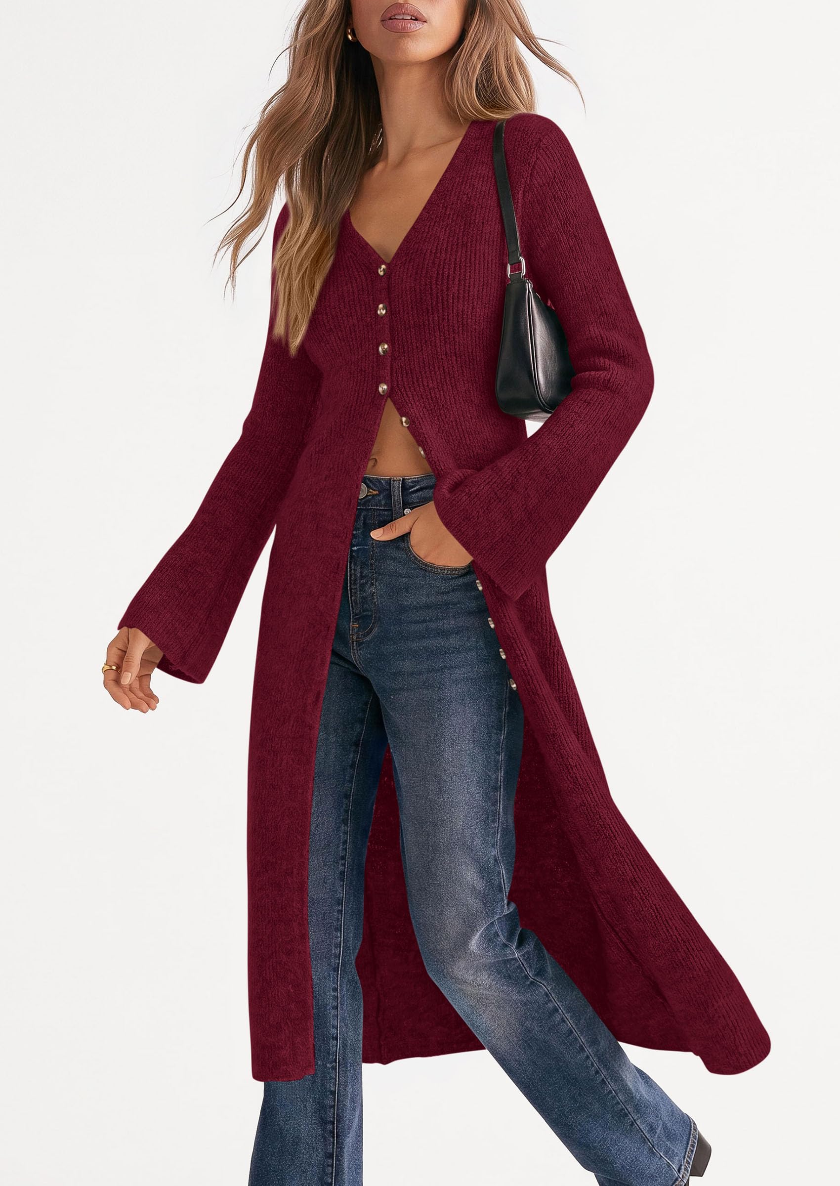 Women Long Cardigan Bell Sleeve Sweater Dress (Wine Red,S)