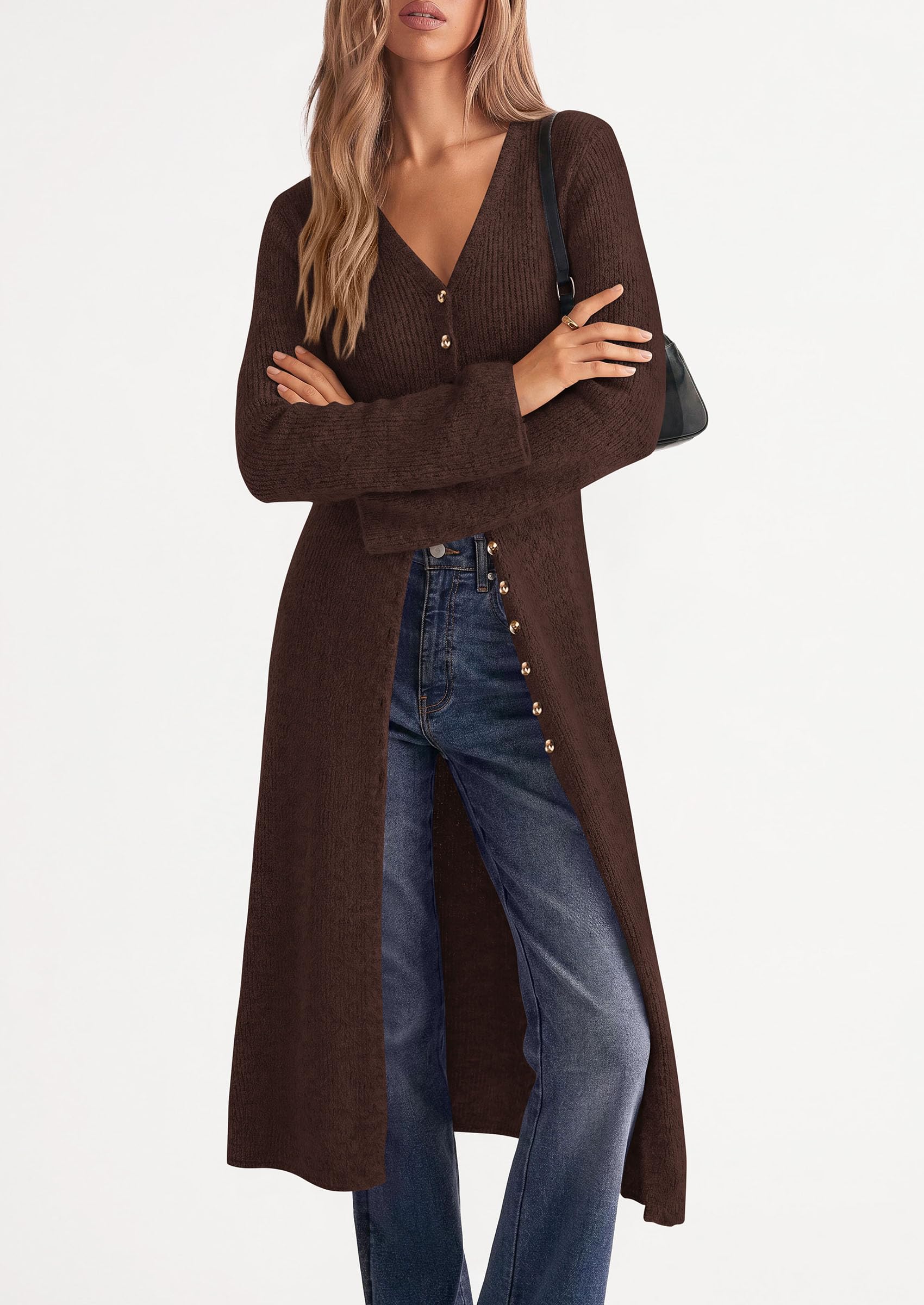 Women Long Cardigan Bell Sleeve Sweater Dress (Brown,S)