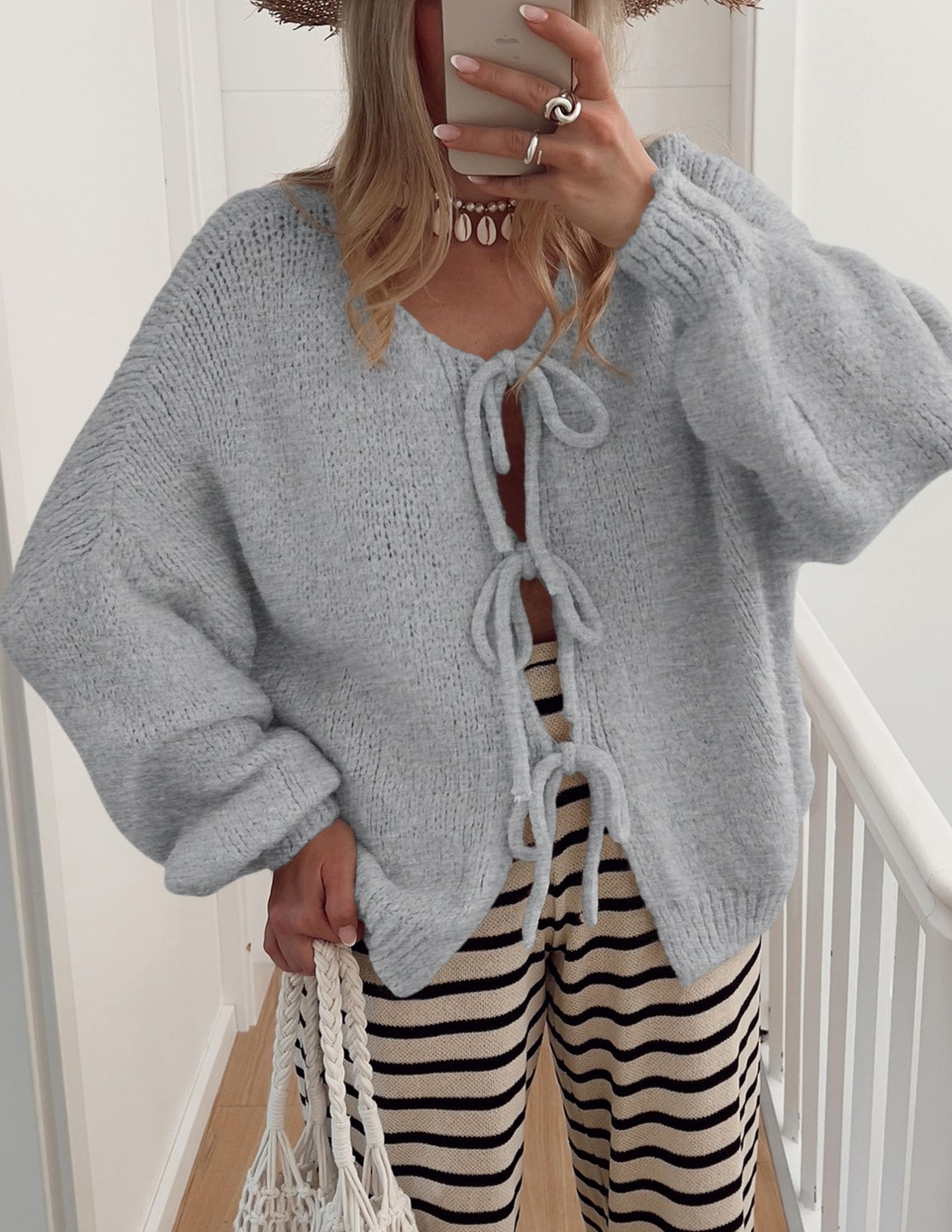 Women's Tie Front Bow Cardigan Sweaters(Light Grey,Small)