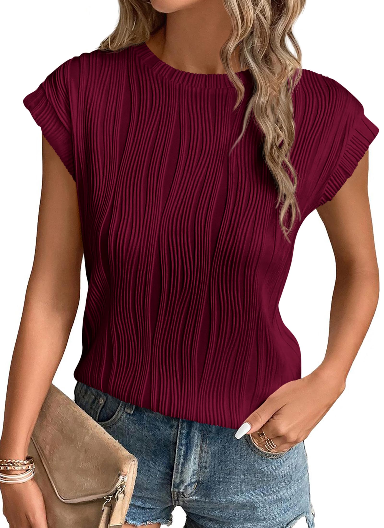 Blouses for Women Dressy Casual Summer Tops, Wine Red,S