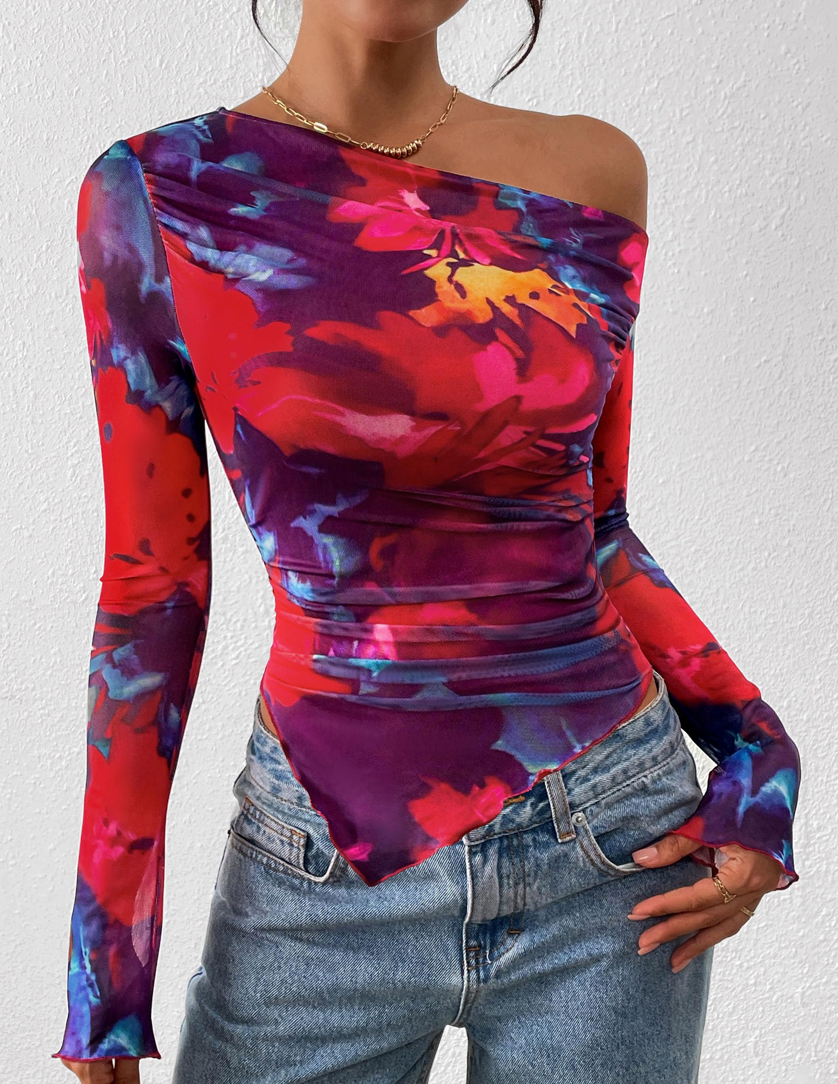 Womens Off Shoulder Mesh Y2k Tops,Floral Navy Red,XS