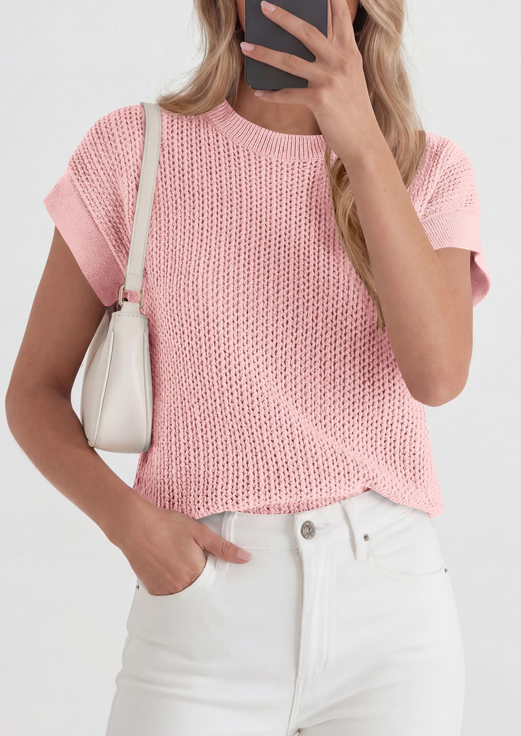 Women's Summer Sweater Vest Crochet Tops (Pink,S)