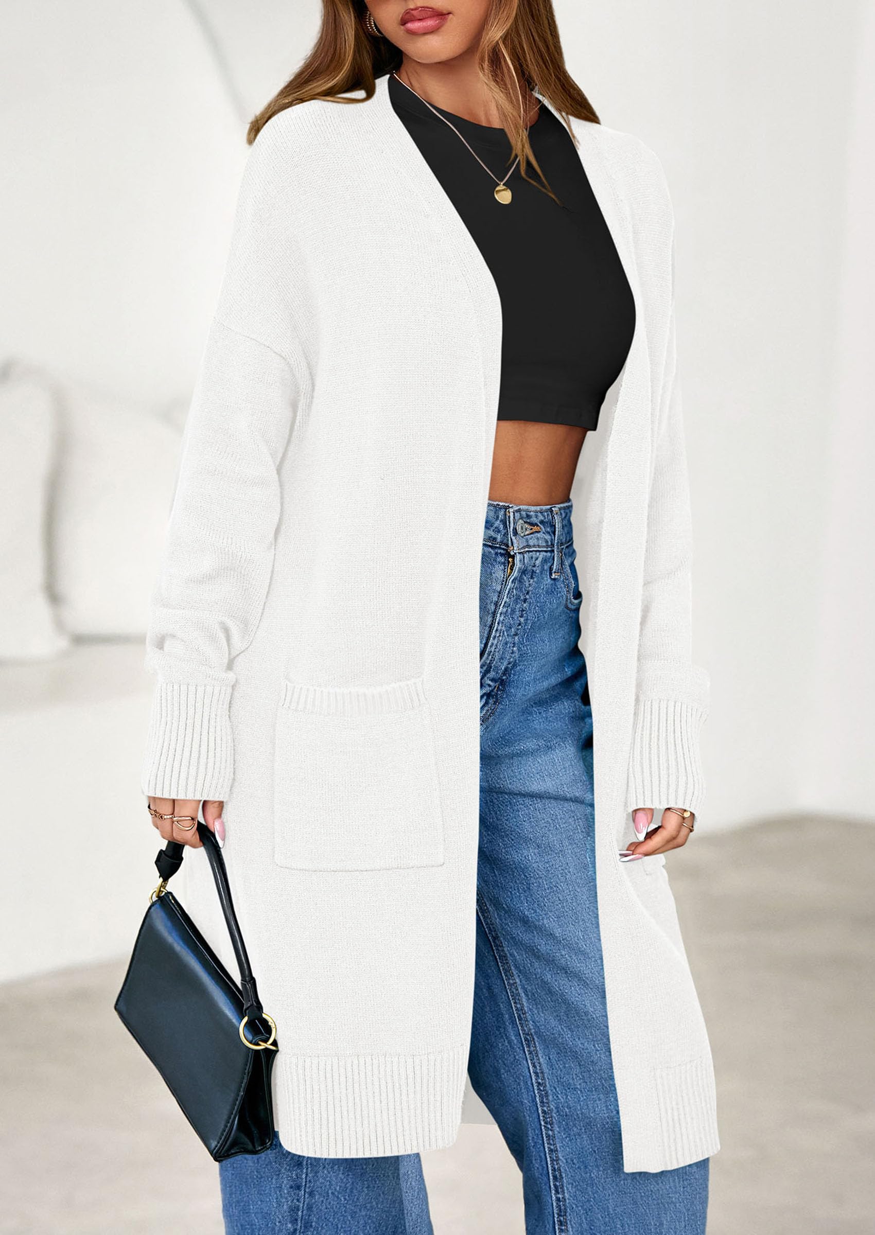 Women's Oversized Open Front Long Knit Cardigan,White,S