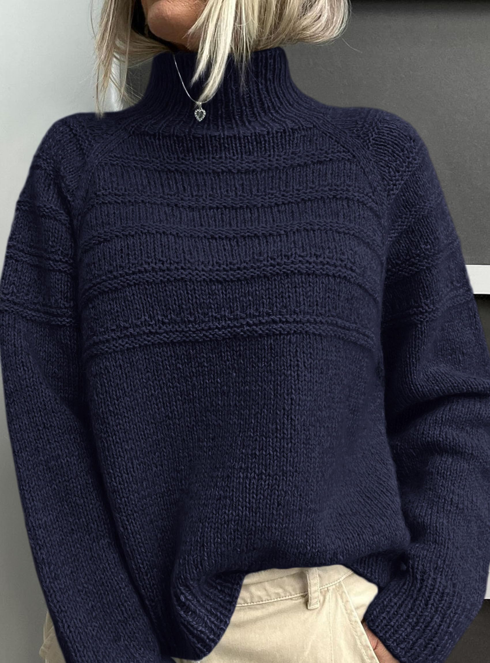 Women's Chunky Knit Mock Neck Pullover Sweaters,Navy Blue,S