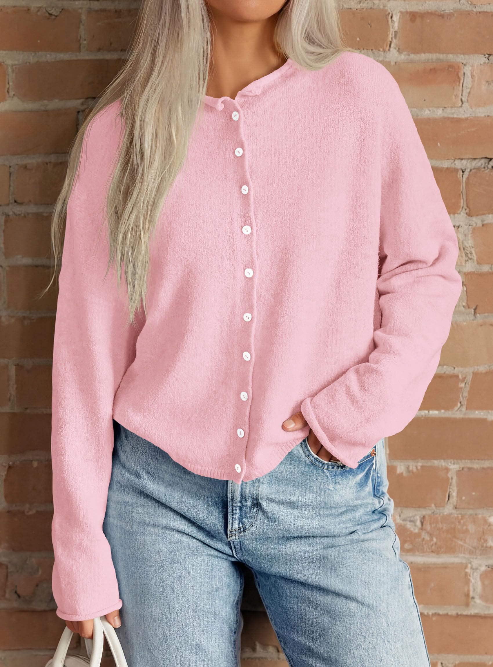 Button Up Cardigan for Women Knit Oversized Fall Sweaters Pink