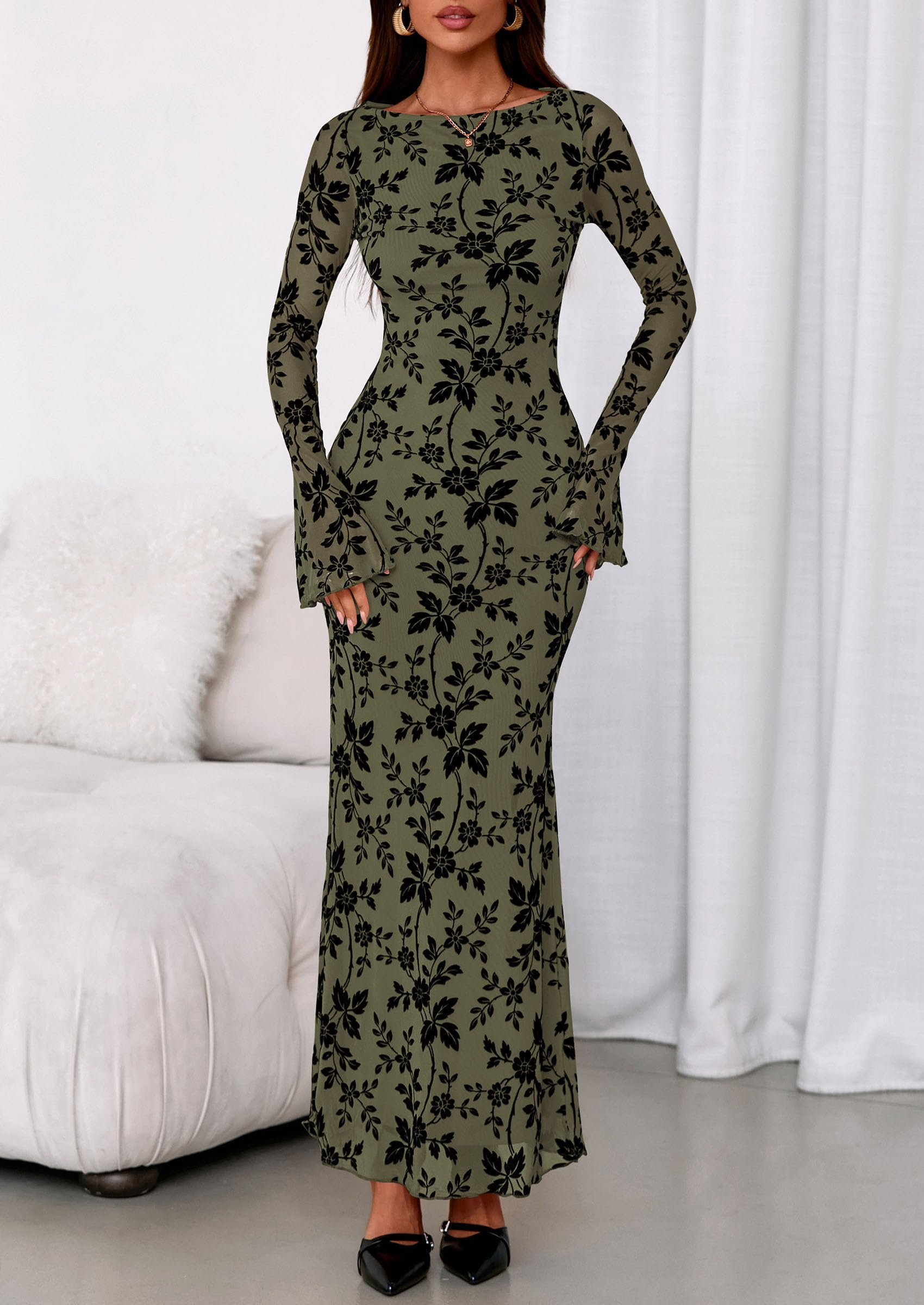 Women's Floral Bodycon Maxi Dress Wedding Guest Dresses
