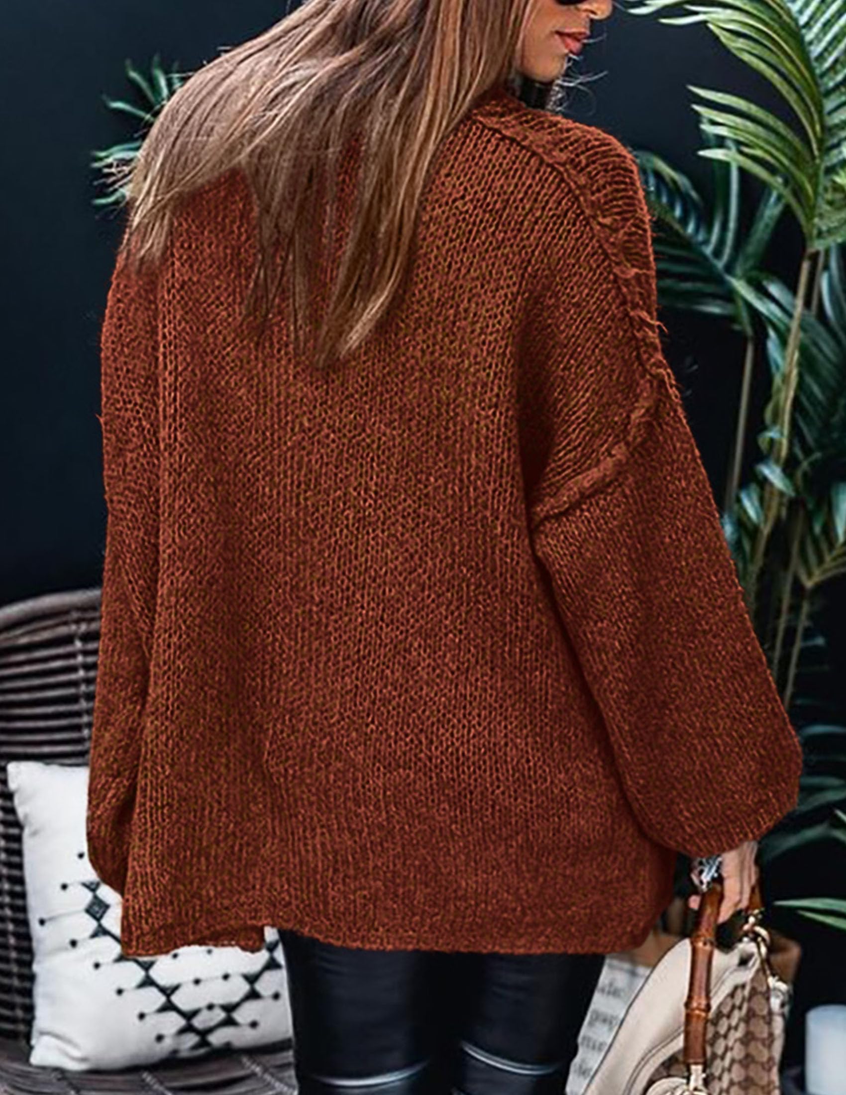 Womens Turtleneck Long Sleeve Oversized Sweaters,Brick Red,S