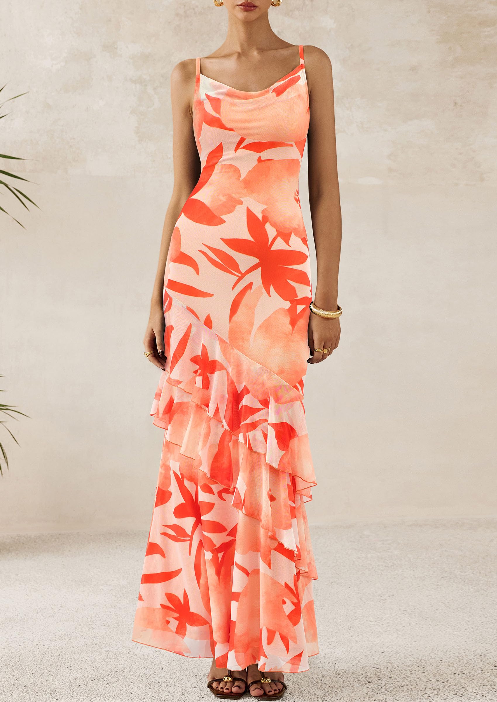 Women's Boho Floral Tiered Maxi Dress, Floral Light Orange,XS
