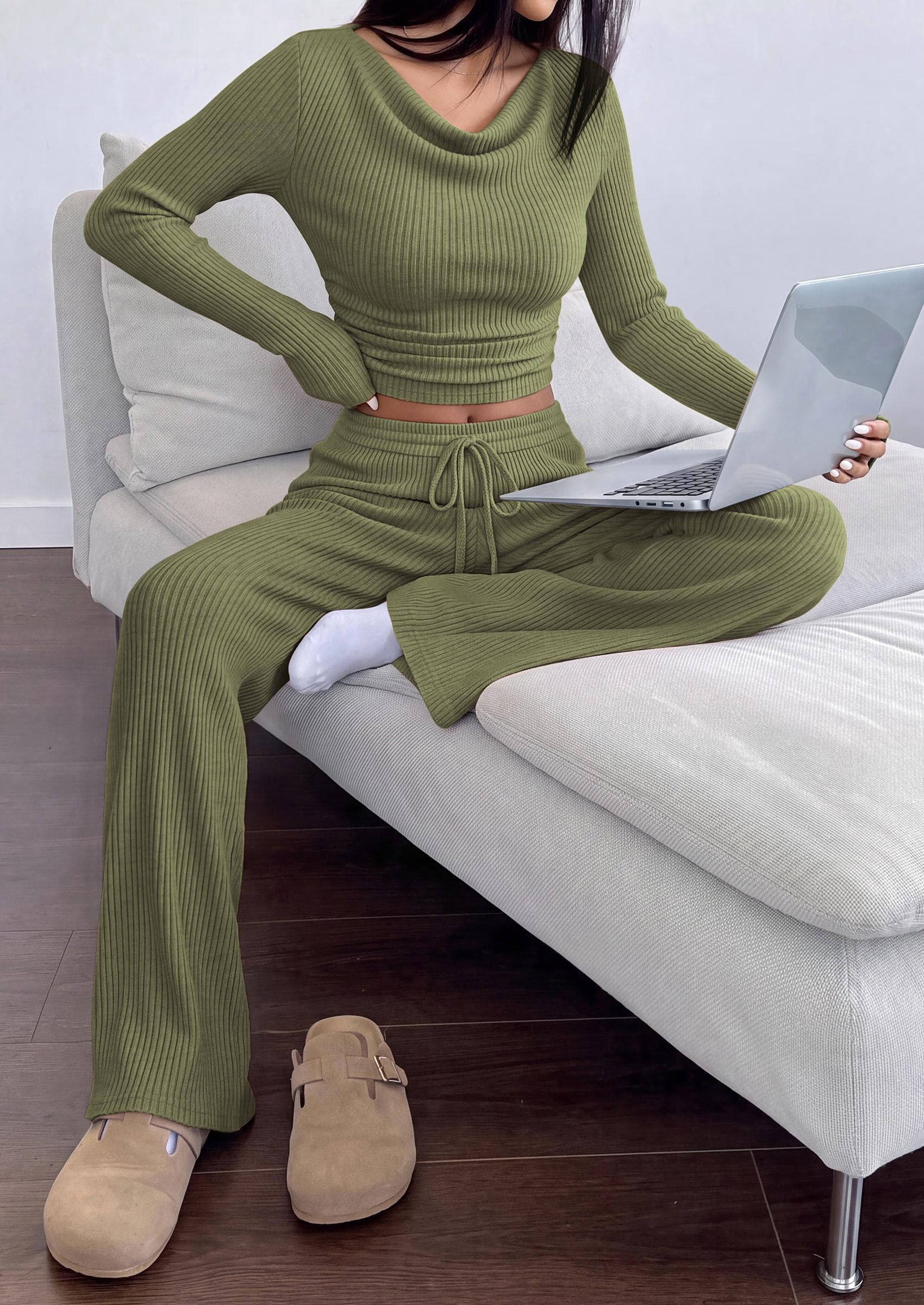 Matching Sets Women Clothing Fall Ribbed 2 Piece Lounge Set