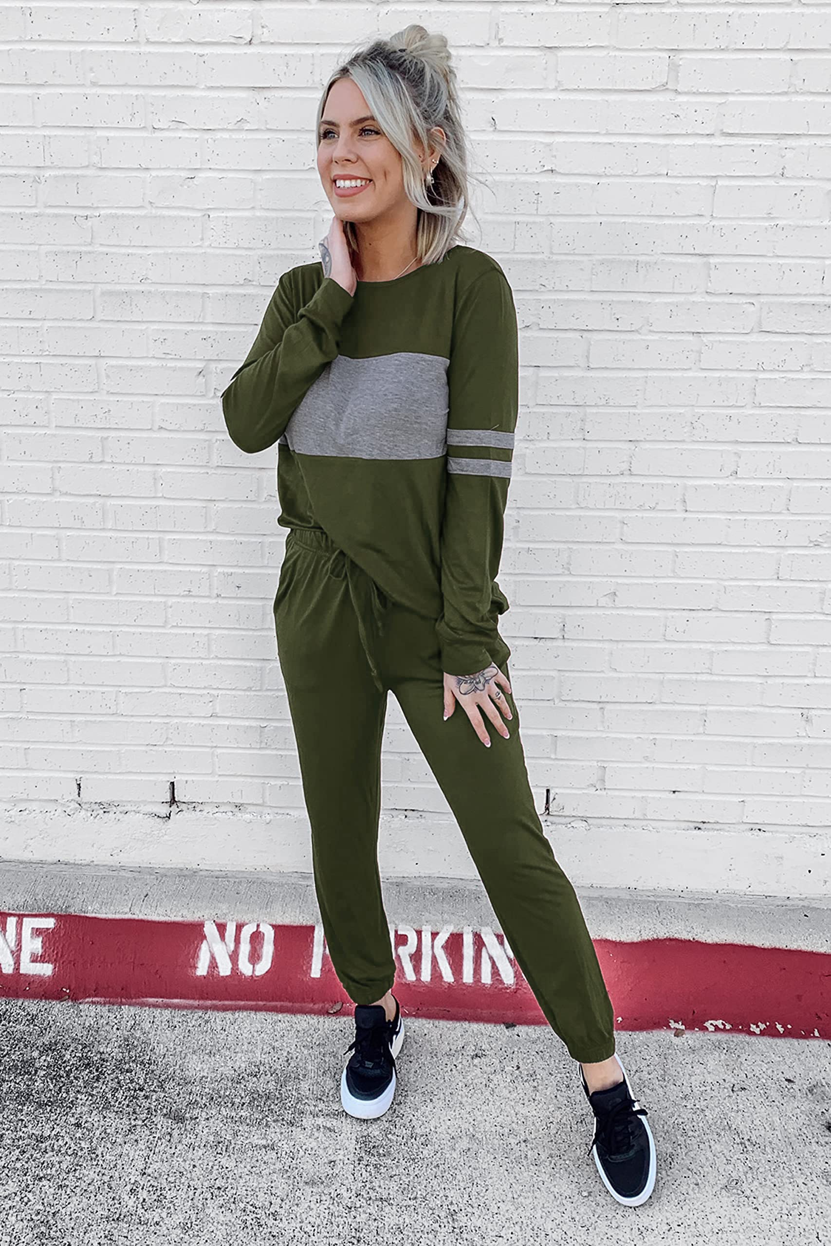 Women Color Block 2 Piece Sets Tracksuit,Army Green,S