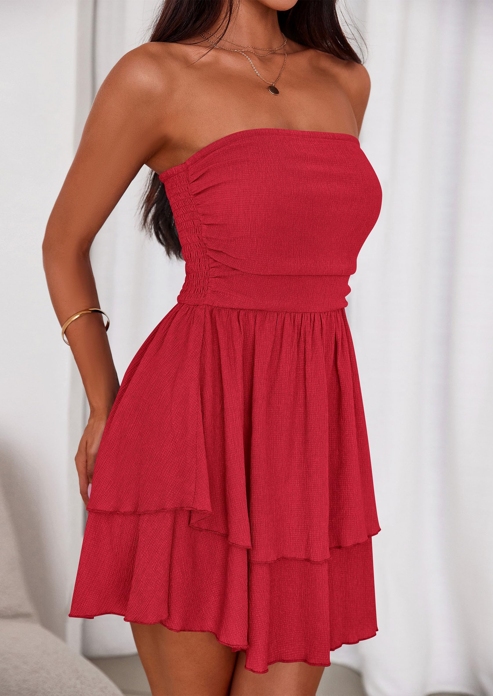Women's Summer Strapless Flowy Mini Dresses (Red,S)