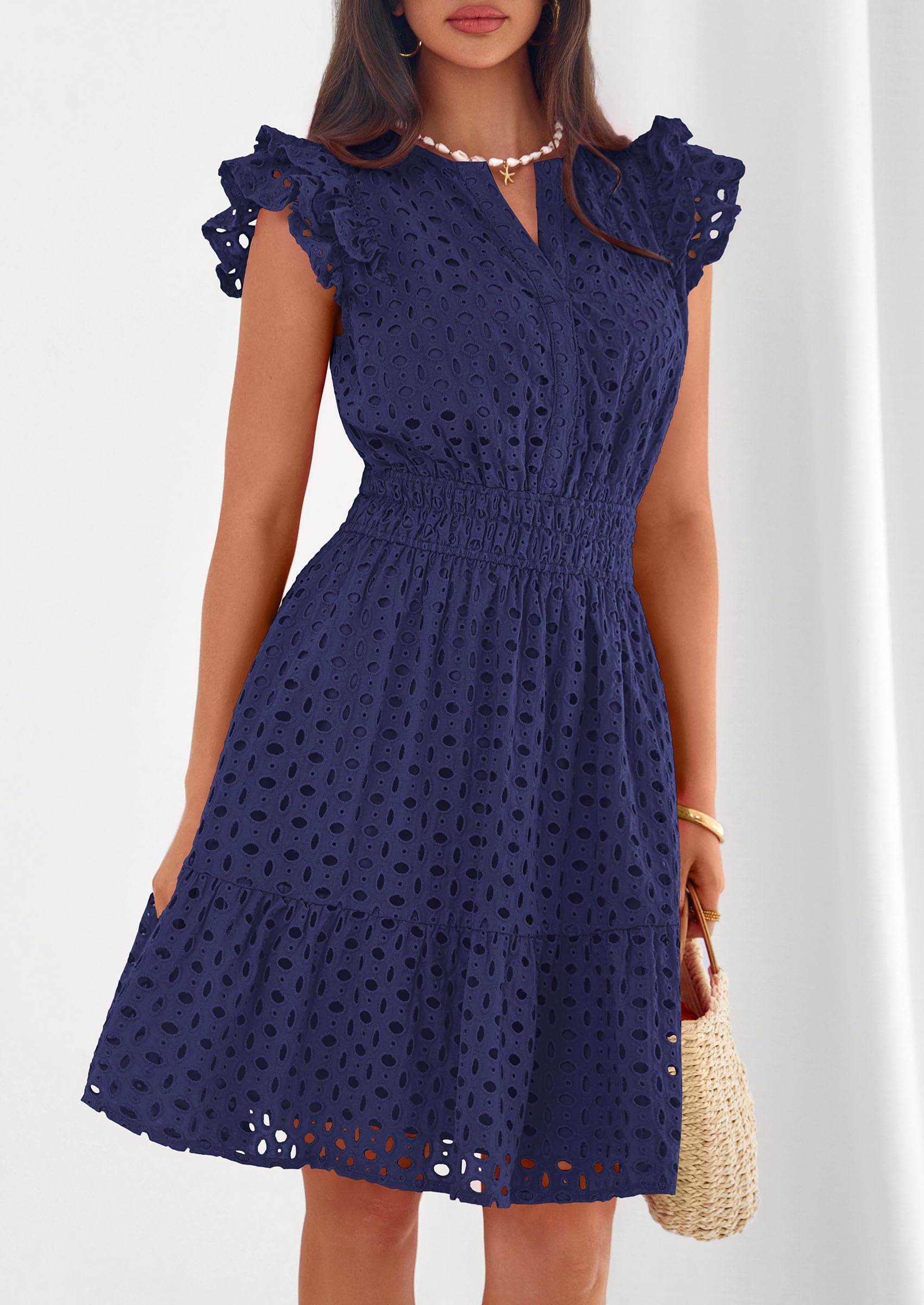 Women's Summer V Neck Eyelet Short Dress (Navy Blue,Small)