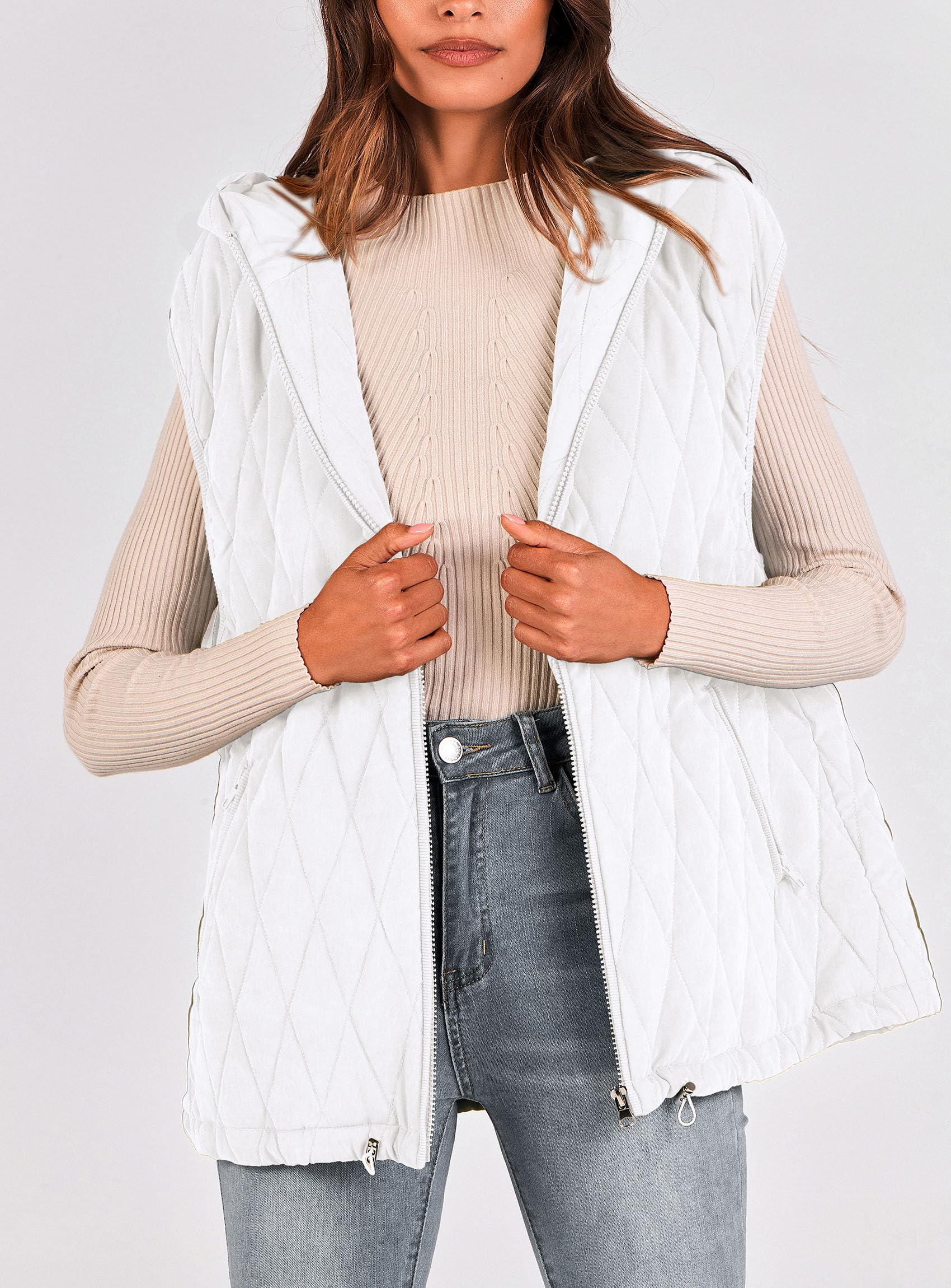 Women's Fall Fashion Vest Zip Up Jacket(White,Small)