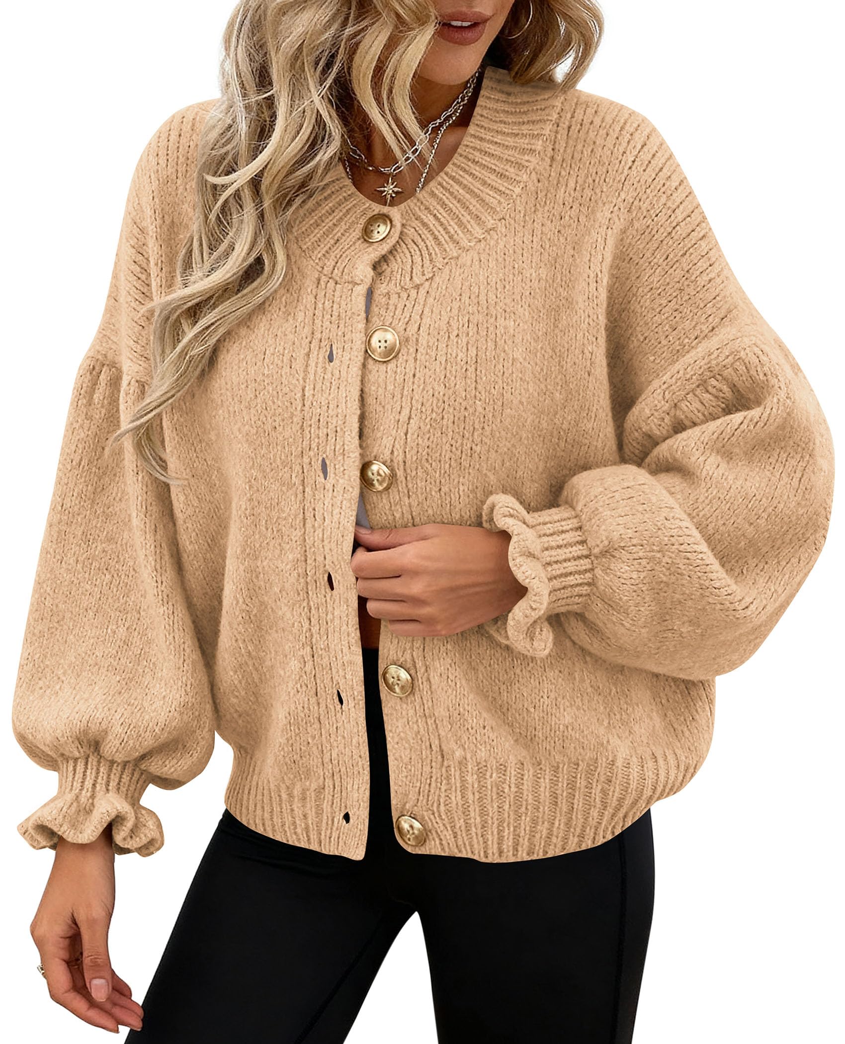Womens Long Sleeve Chunky Knit Cardigan Sweaters,Khaki,S