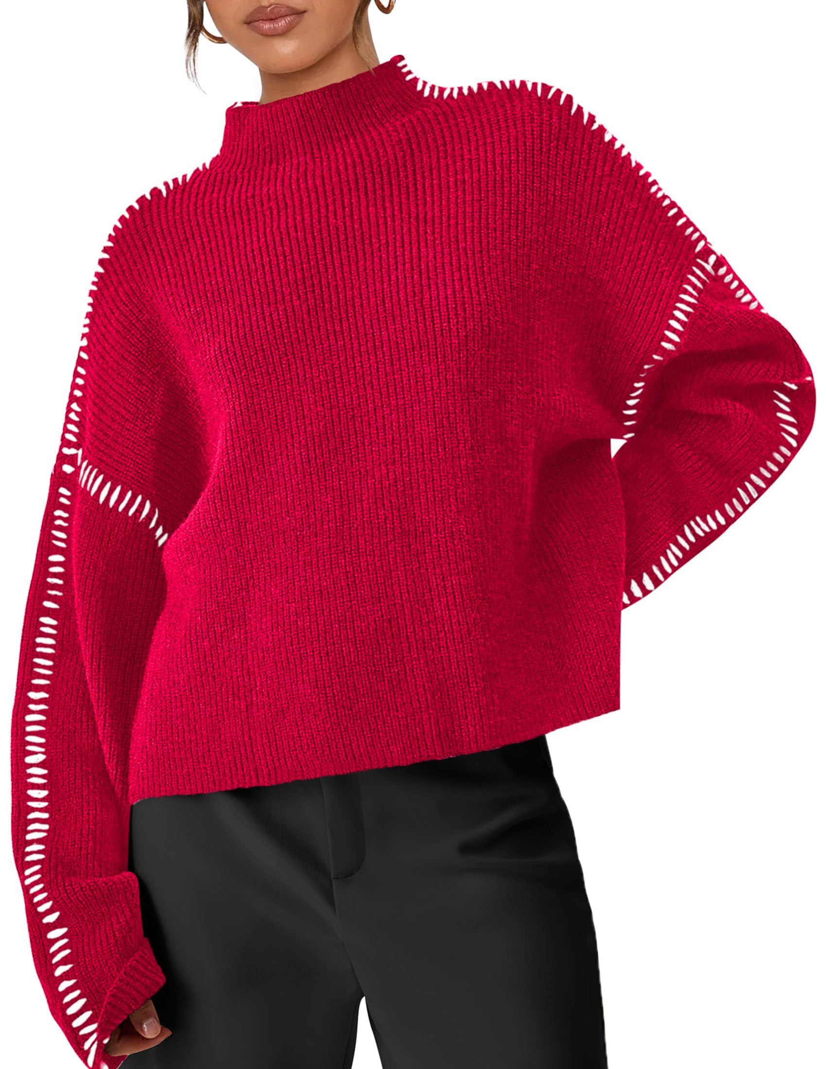 Womens Chunky Knit Oversized Pullover Sweaters,Red,S