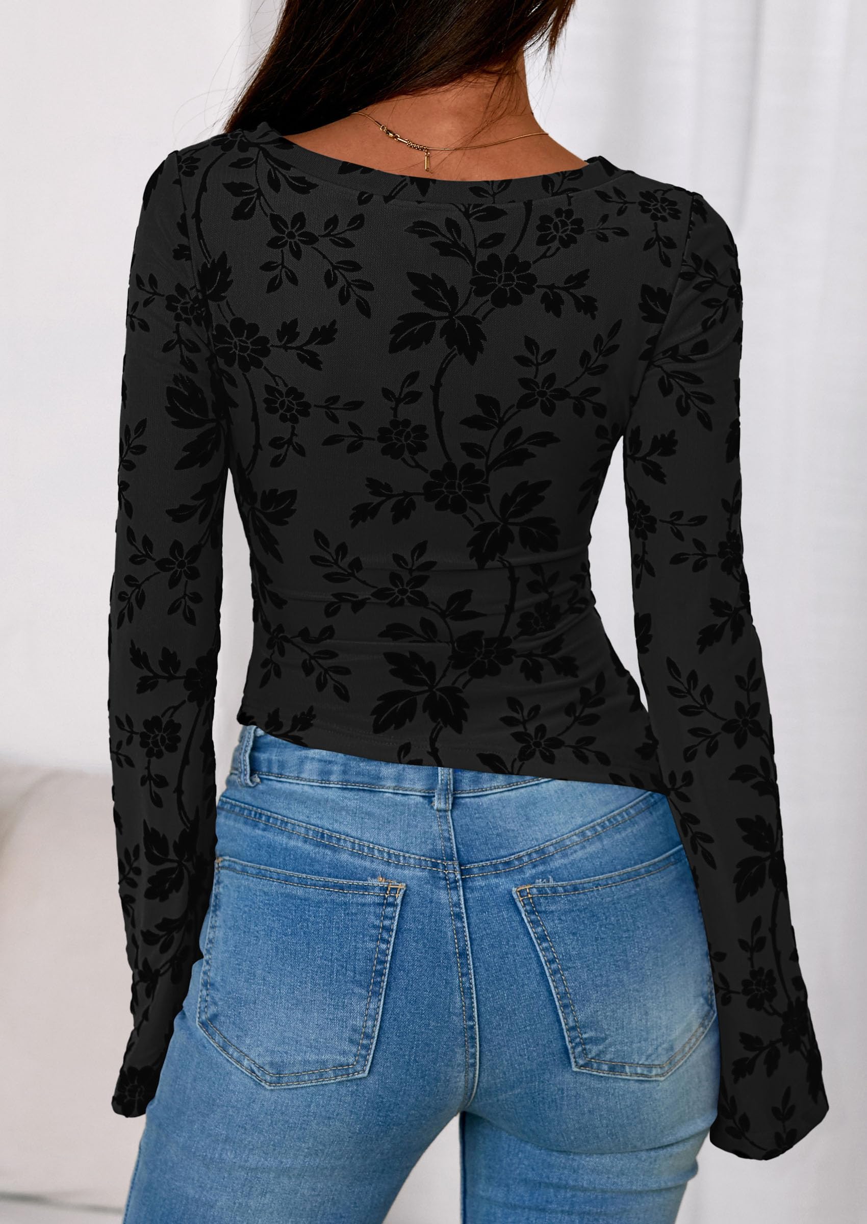 Women's Long Bell Sleeve Y2K Tops Boho Floral Mesh Blouses