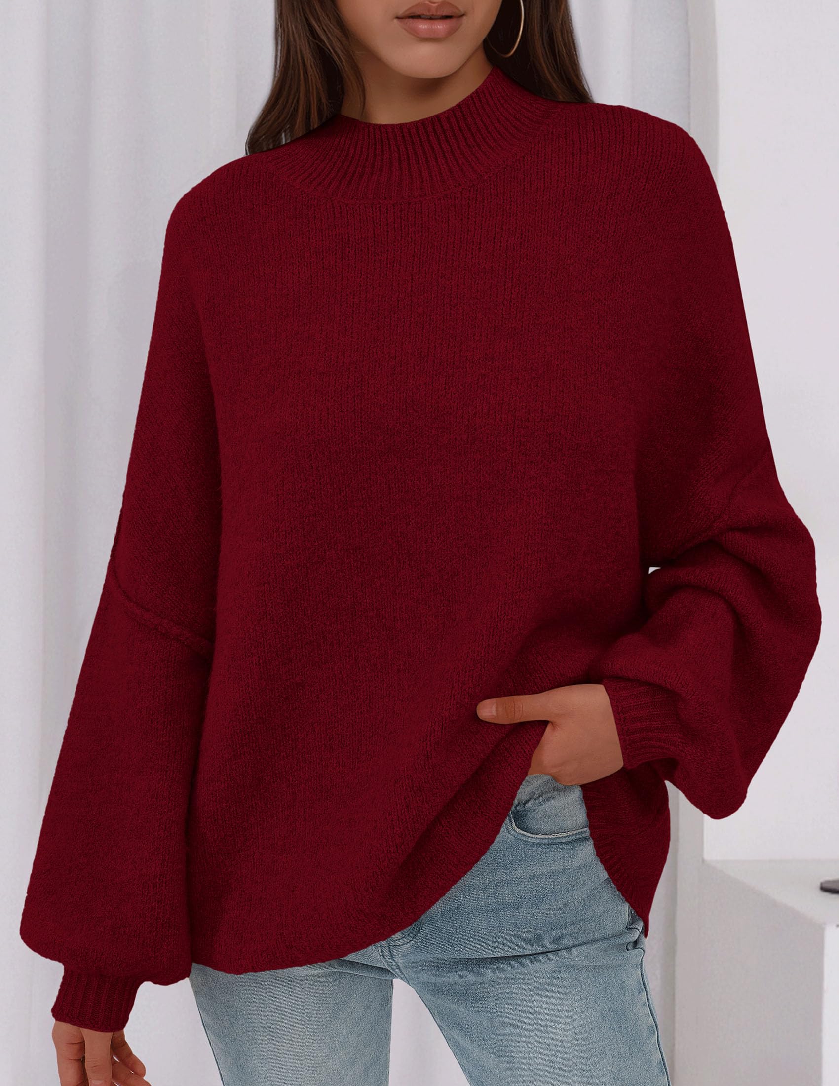 Women's Oversized Sweaters Fall Clothes (Burgundy,S)