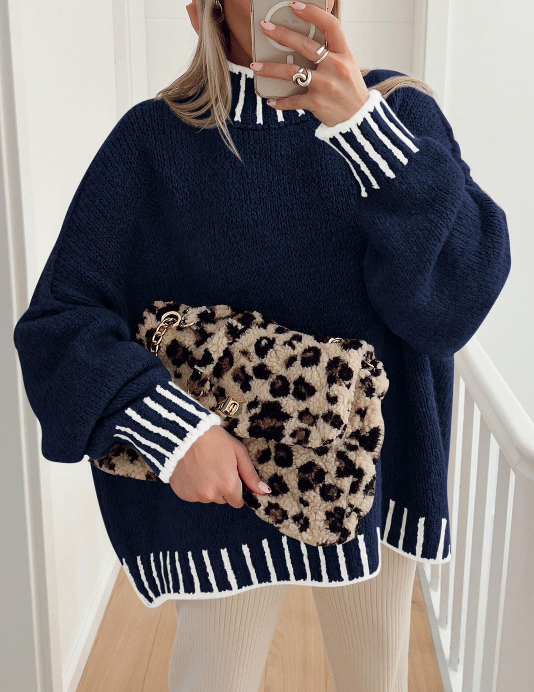 Women's Mock Neck Oversized Pullover Sweaters,Navy Blue,XS