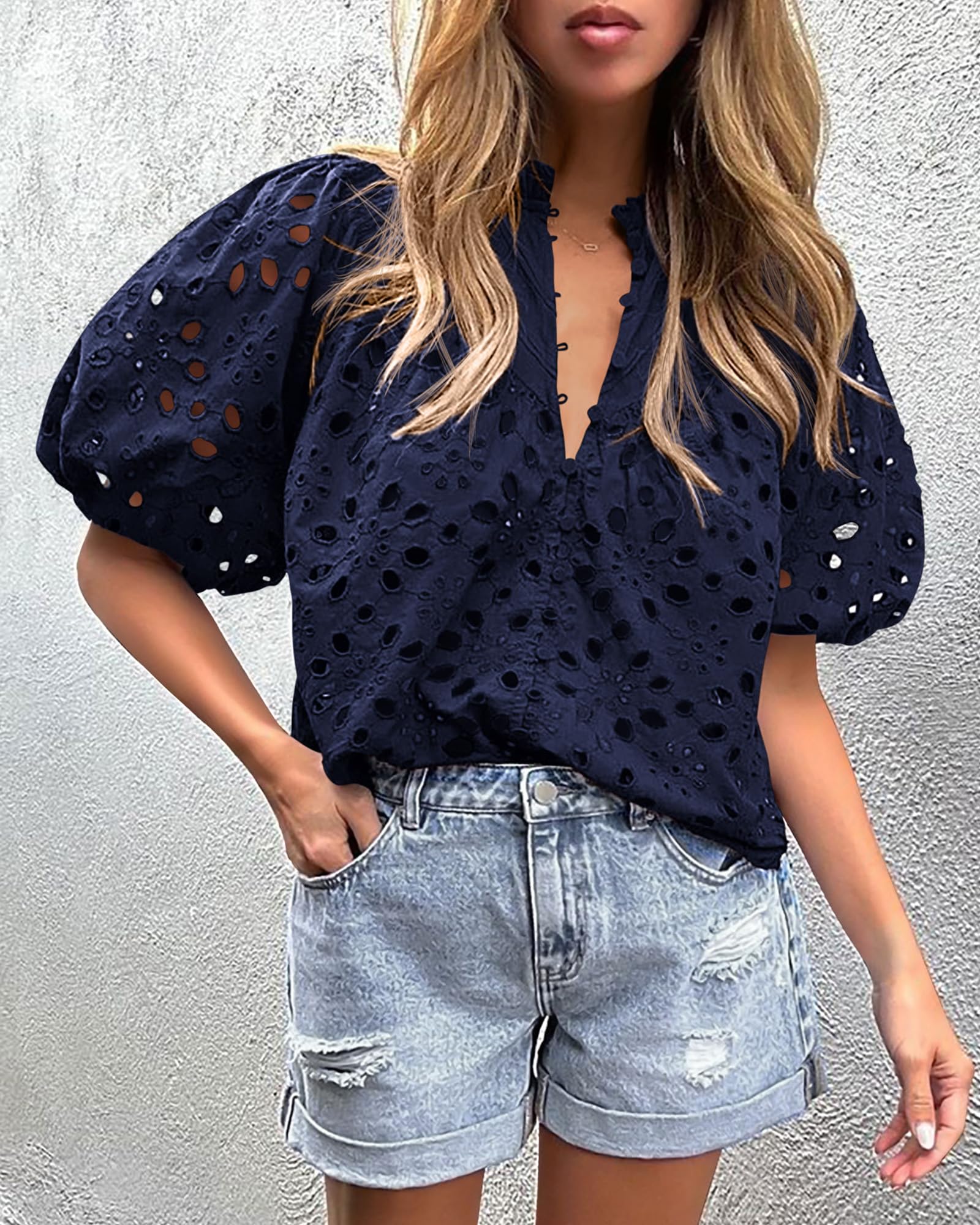 Womens Tops Boho Eyelet Puff Sleeve Blouse, Navy,S
