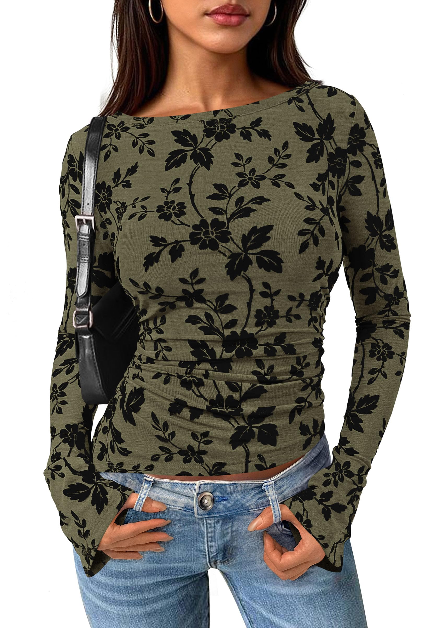 Women's Long Bell Sleeve Y2K Tops Boho Floral Mesh Blouses