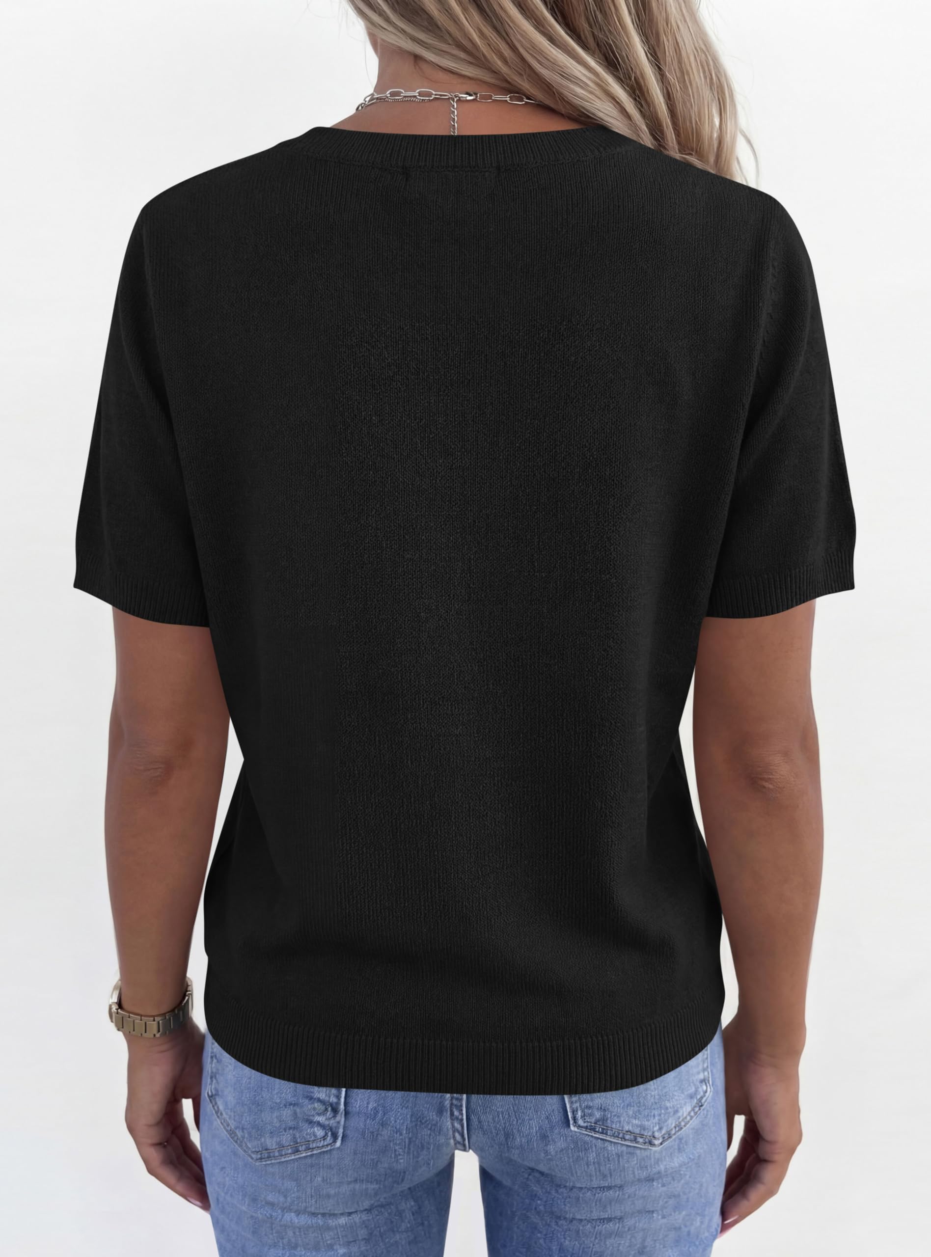 Womens Short Sleeve Sweater V Neck Tops,Black,S
