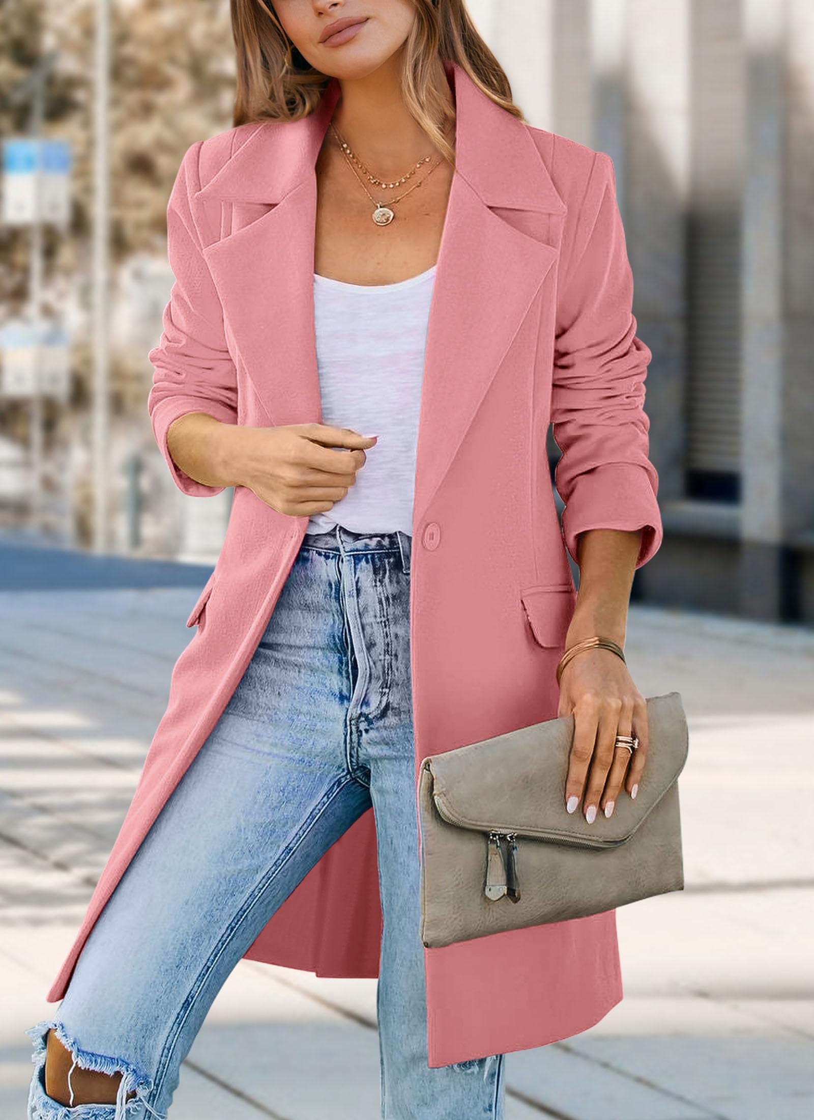Women's Business Casual Long Blazer Jackets(Dusty Pink,S)