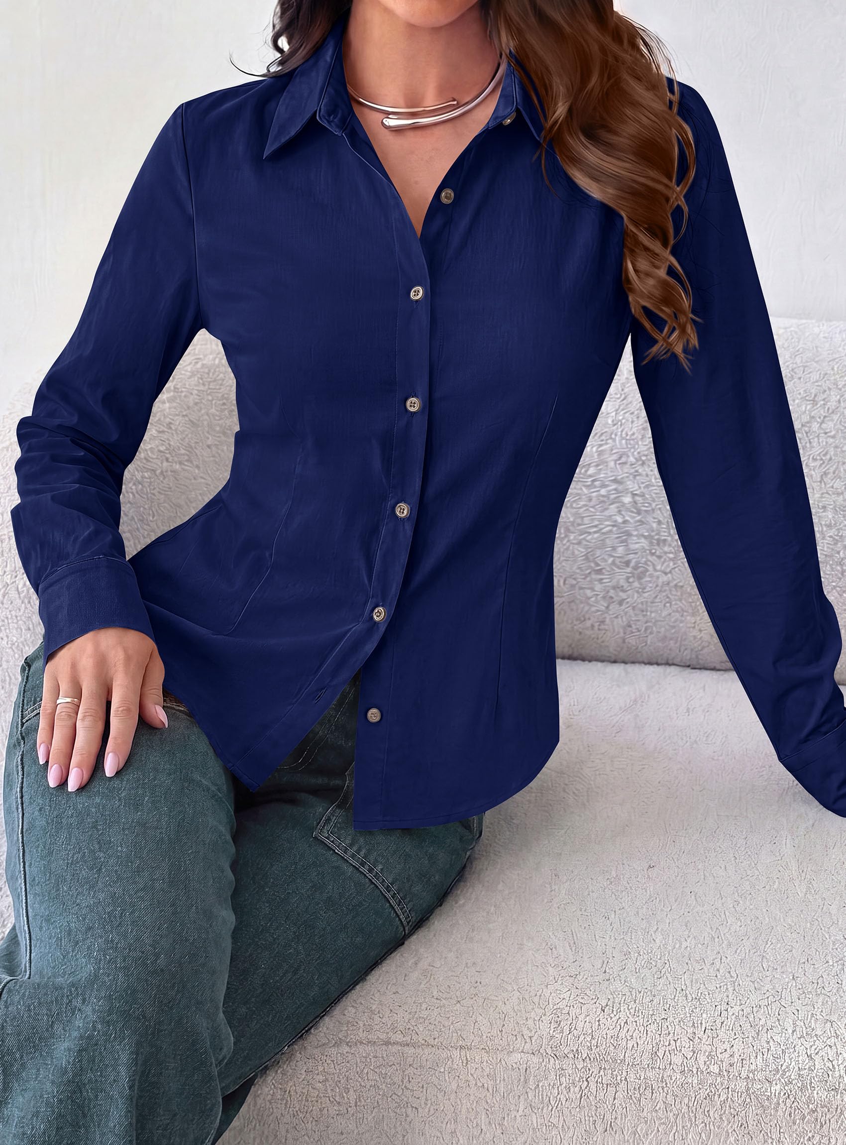 Womens Button Down Shirts Long Sleeve Blouse (Navy,S)