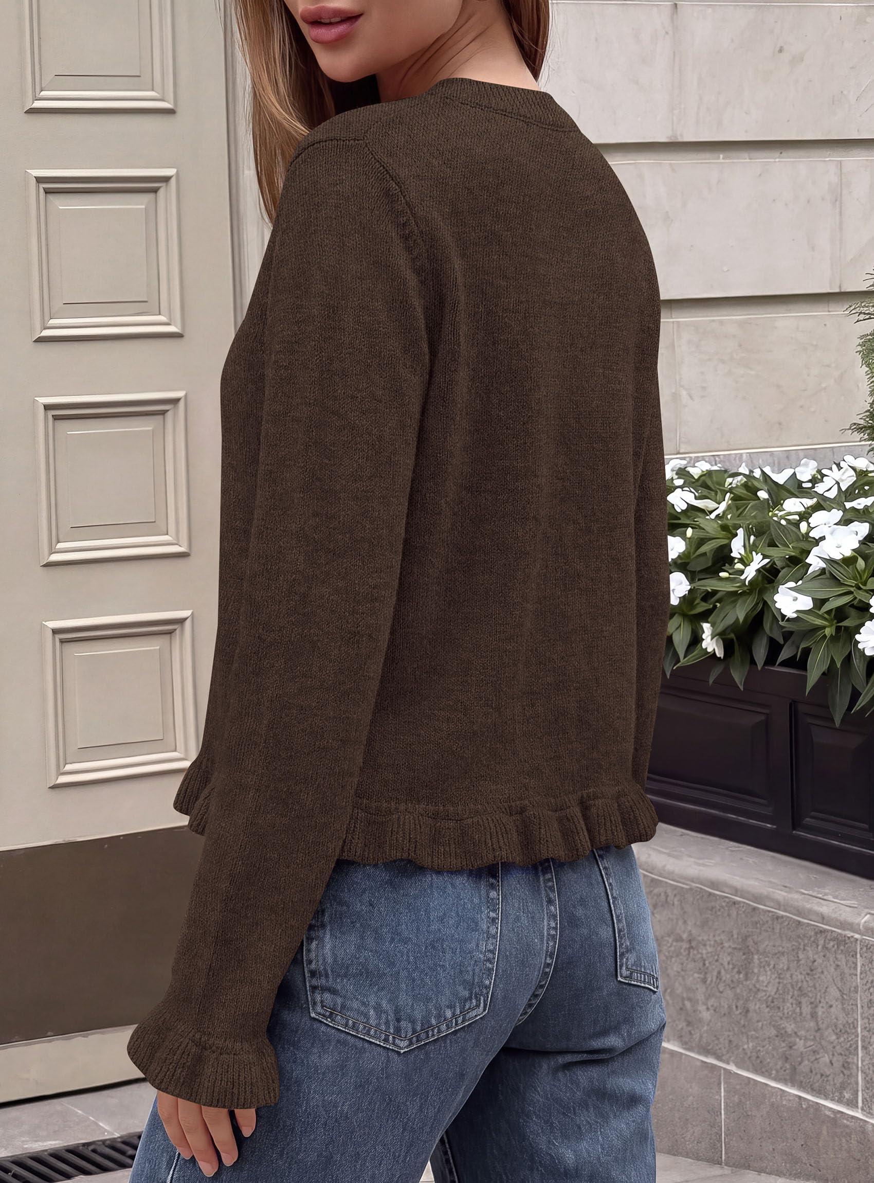Women's Ruffle Sweaters Fall Fashion Cozy Knit Pullover Brown