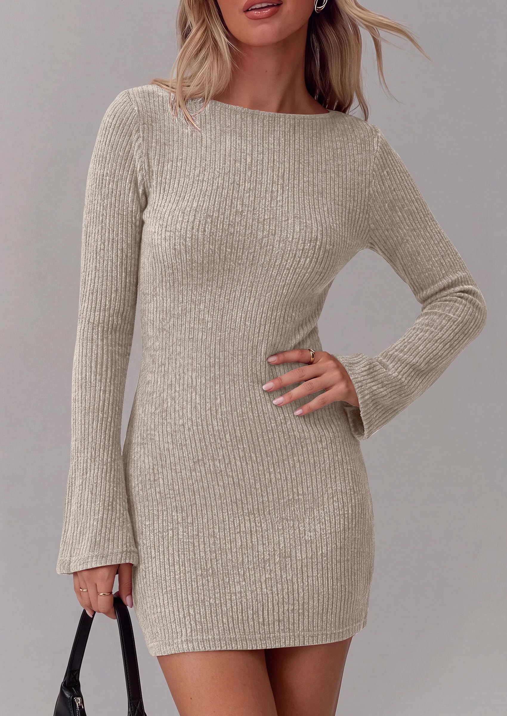 Womens Boat Neck Bell Long Sleeve Mini Sweater Dress Apricot