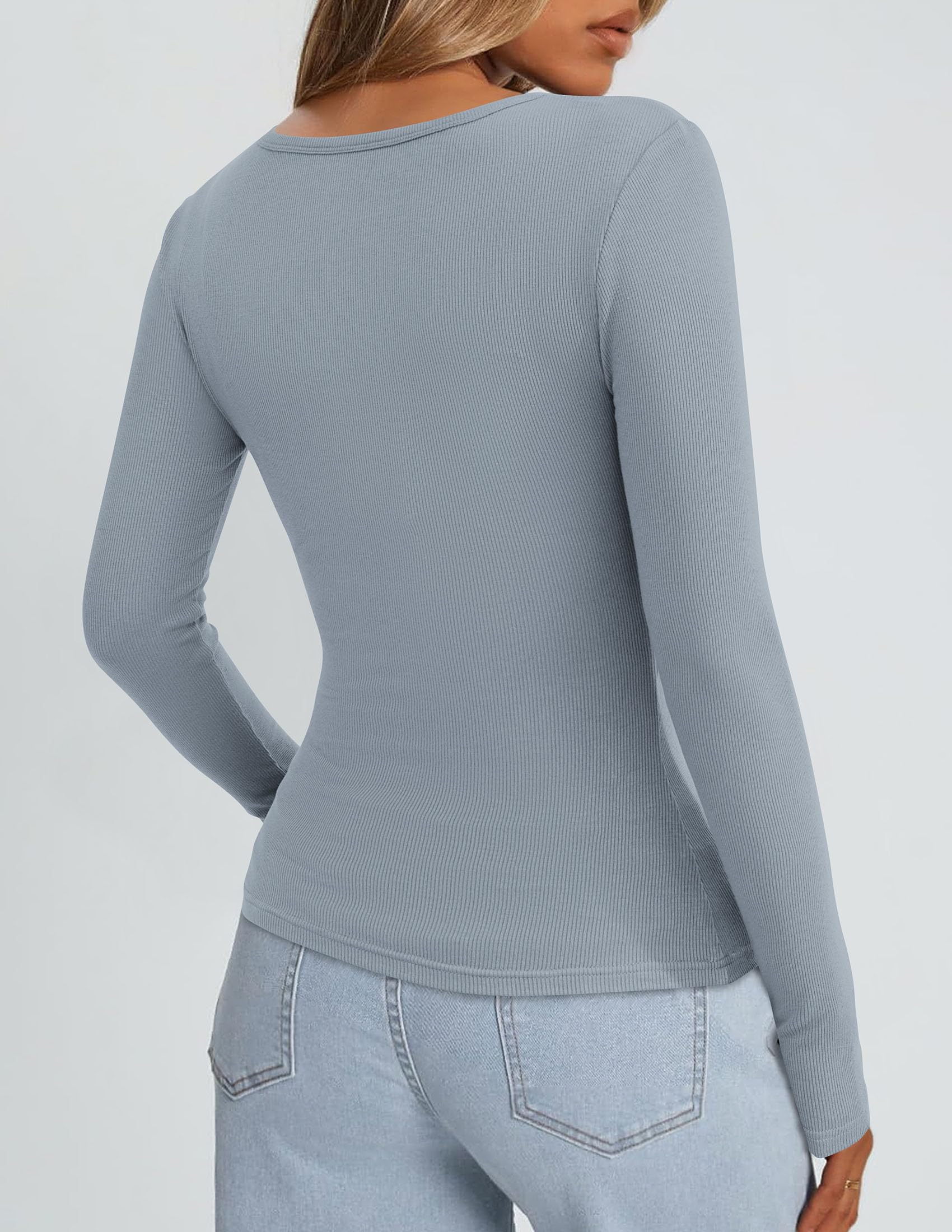 Square Neck Long Sleeve Shirts for Women Light Grey,XS