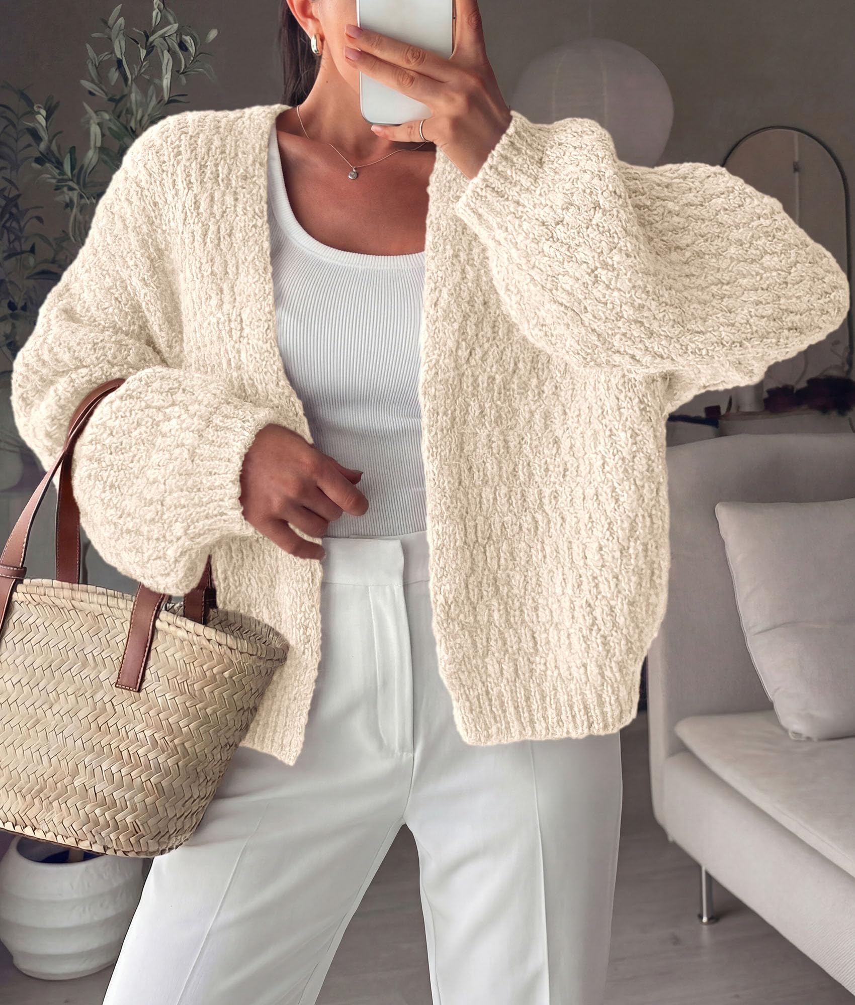 Women's Fall Cardigan Open Front Chunky Sweaters Beige S