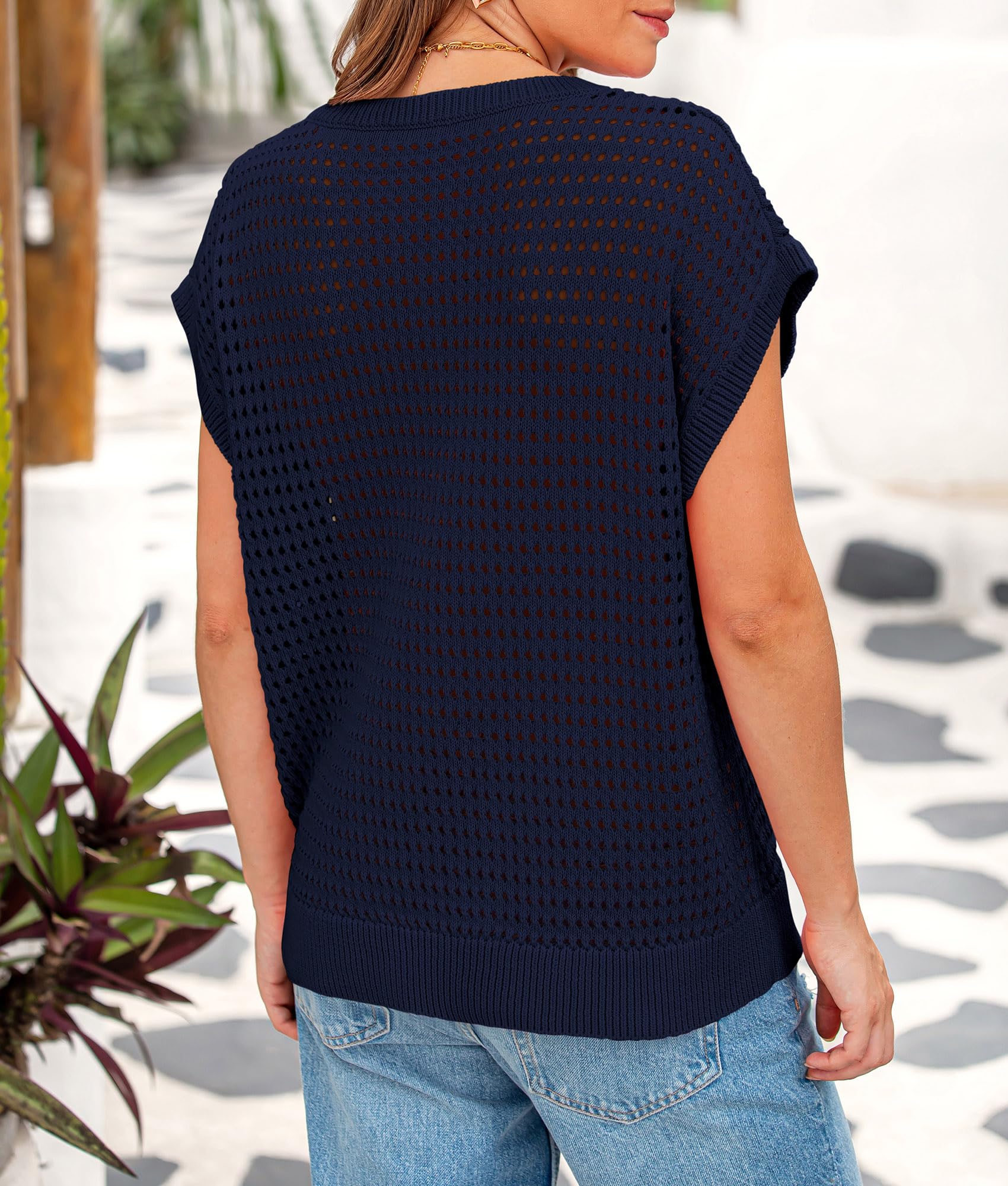 Women's Summer Crochet Cap Sleeve Sweater Tops,Navy,S