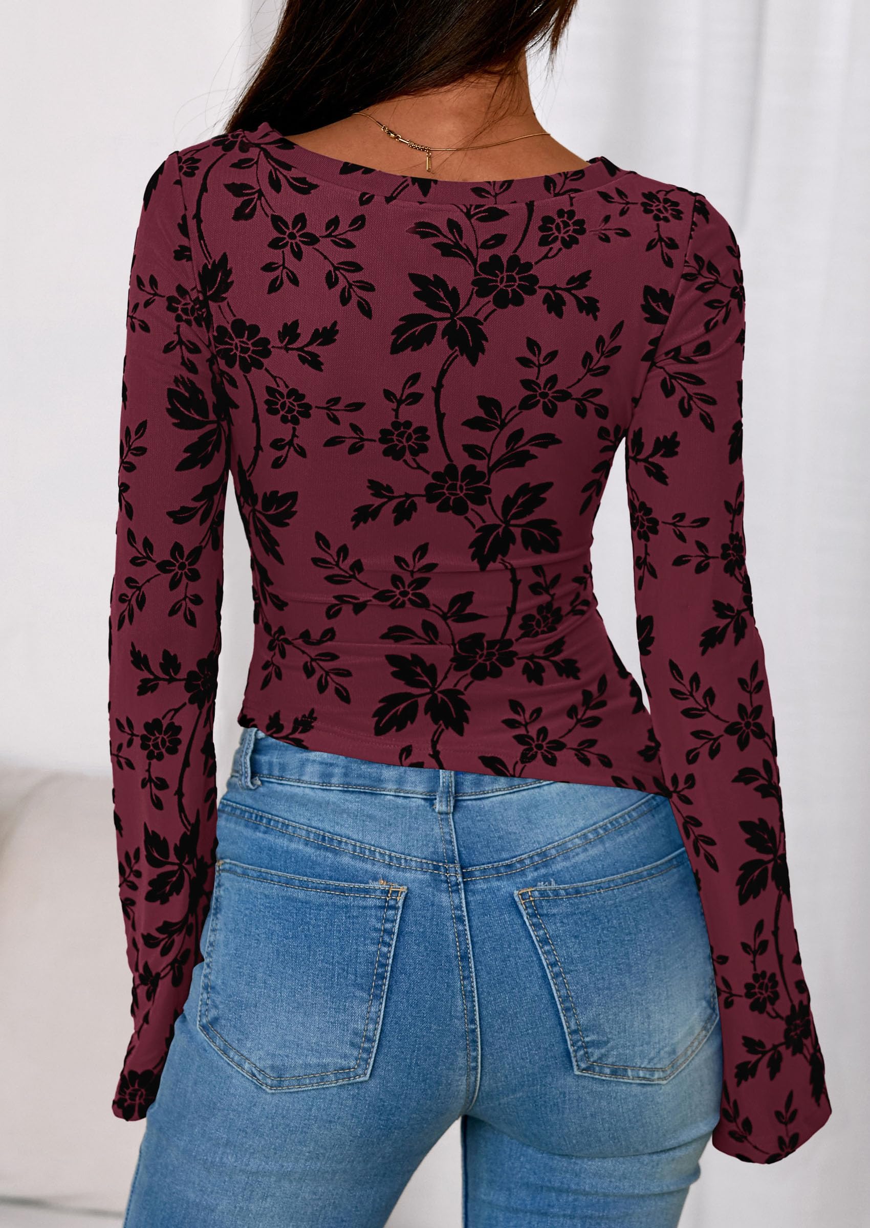Women's Long Bell Sleeve Y2K Tops Boho Floral Mesh Blouses