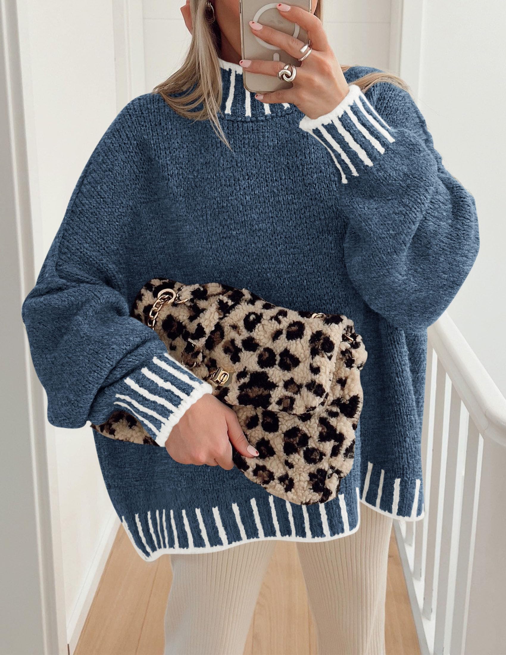 Women's Mock Neck Oversized Pullover Sweaters,Grey Blue,XS