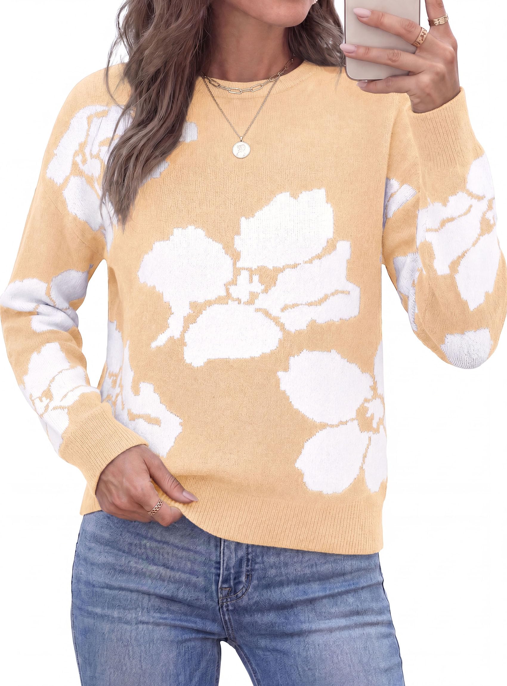 Womens Floral Sweater Crewneck Printed Pullover Tops Apricot
