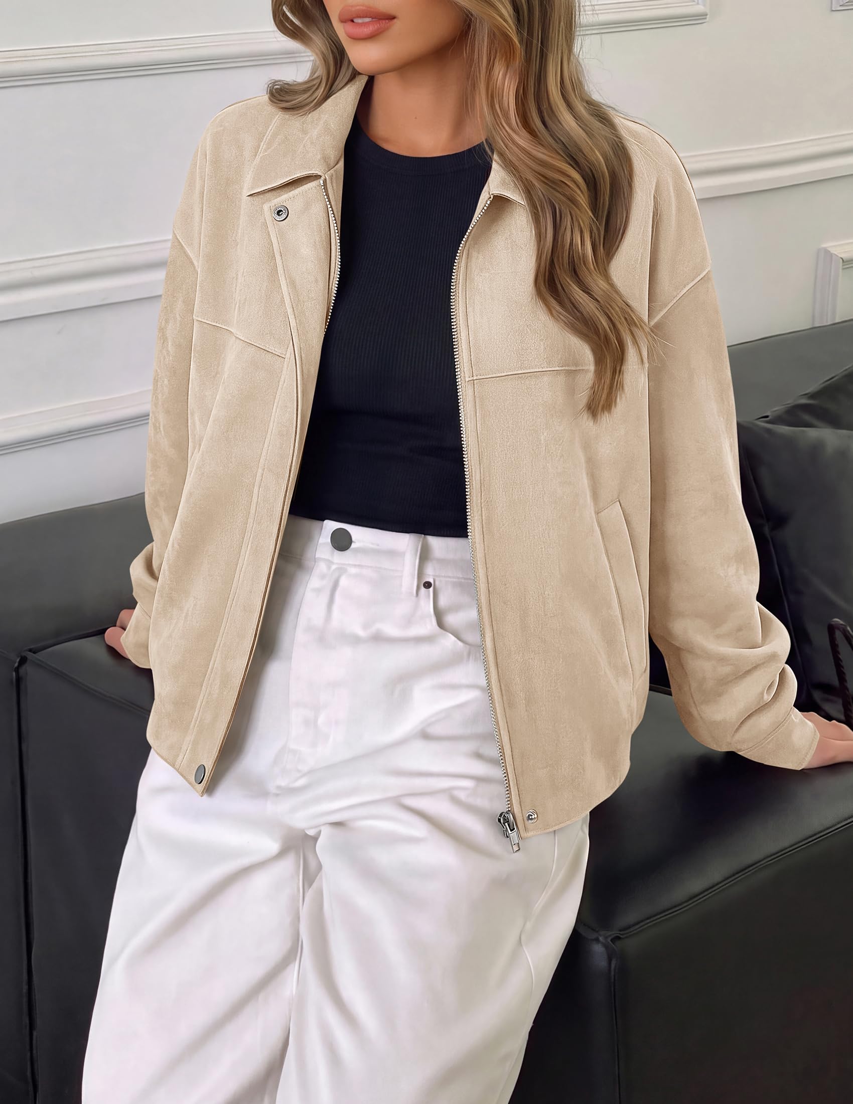 Women's Faux Suede Cropped Fall Jackets,Beige,S