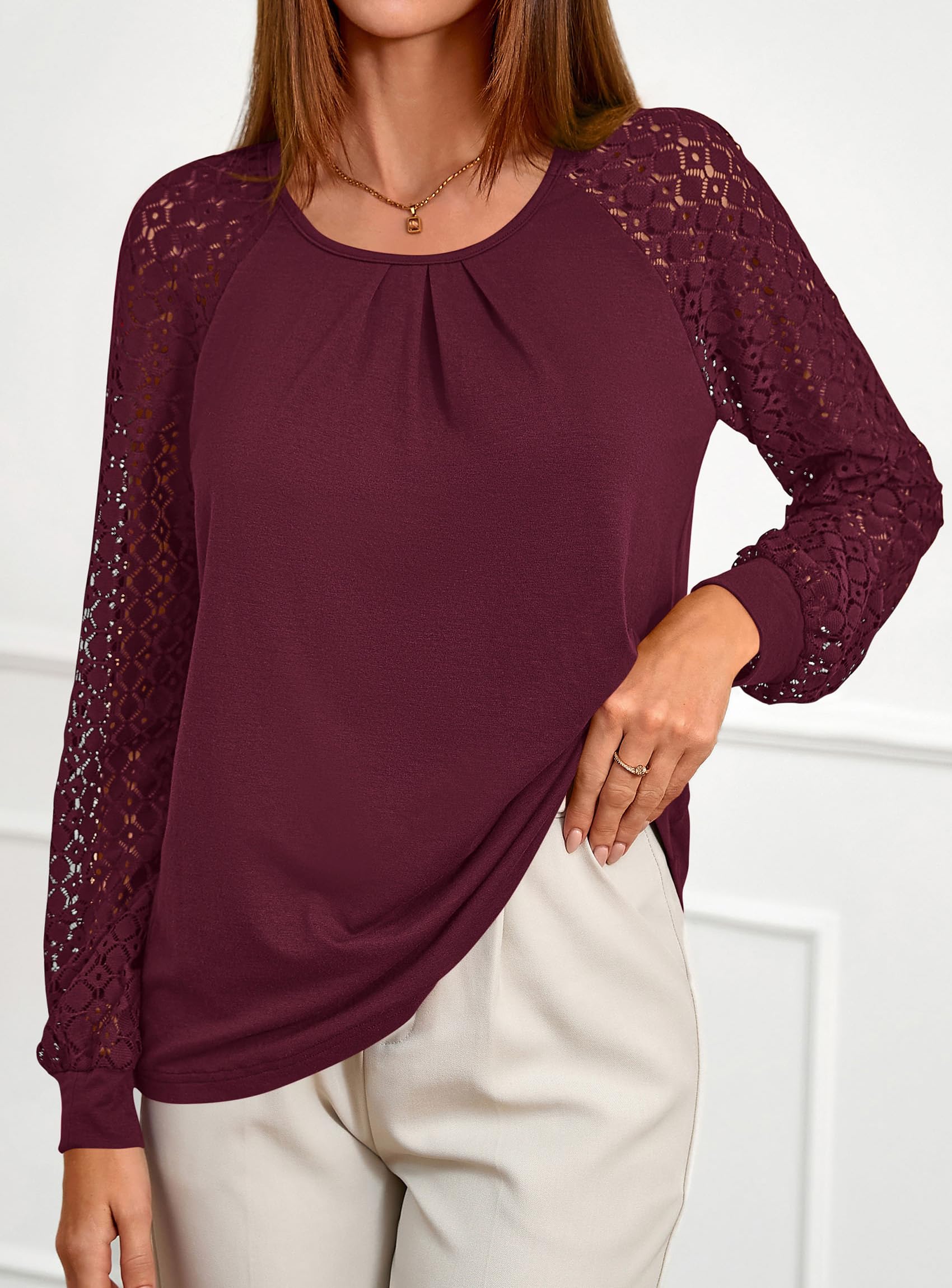 Women's Long Sleeve Shirts Fall Lace Tops,Burgundy,S
