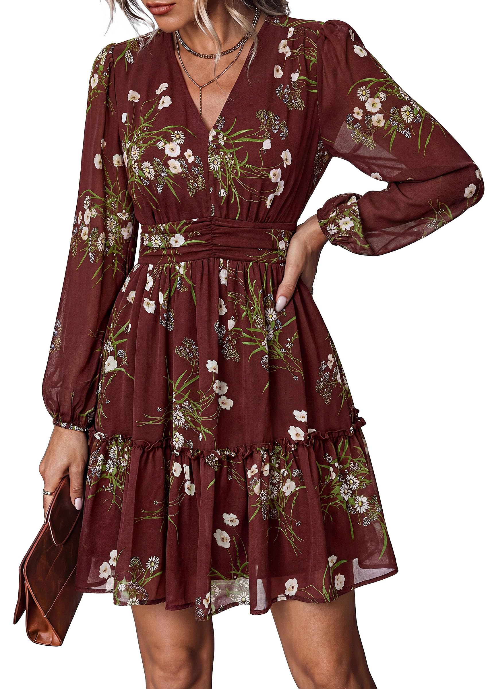 Women Floral Long Sleeve Mini Dress Fall Wedding Guest Dresses