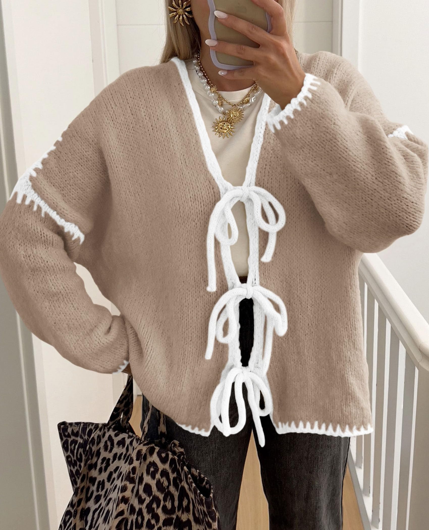 Women's Tie Front Bow Cardigan Sweaters(Camel White,Small)