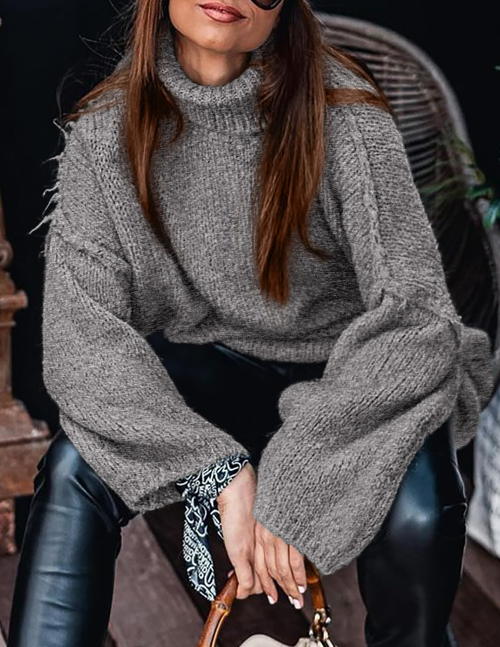 Womens Turtleneck Long Sleeve Oversized Sweaters,Grey,S