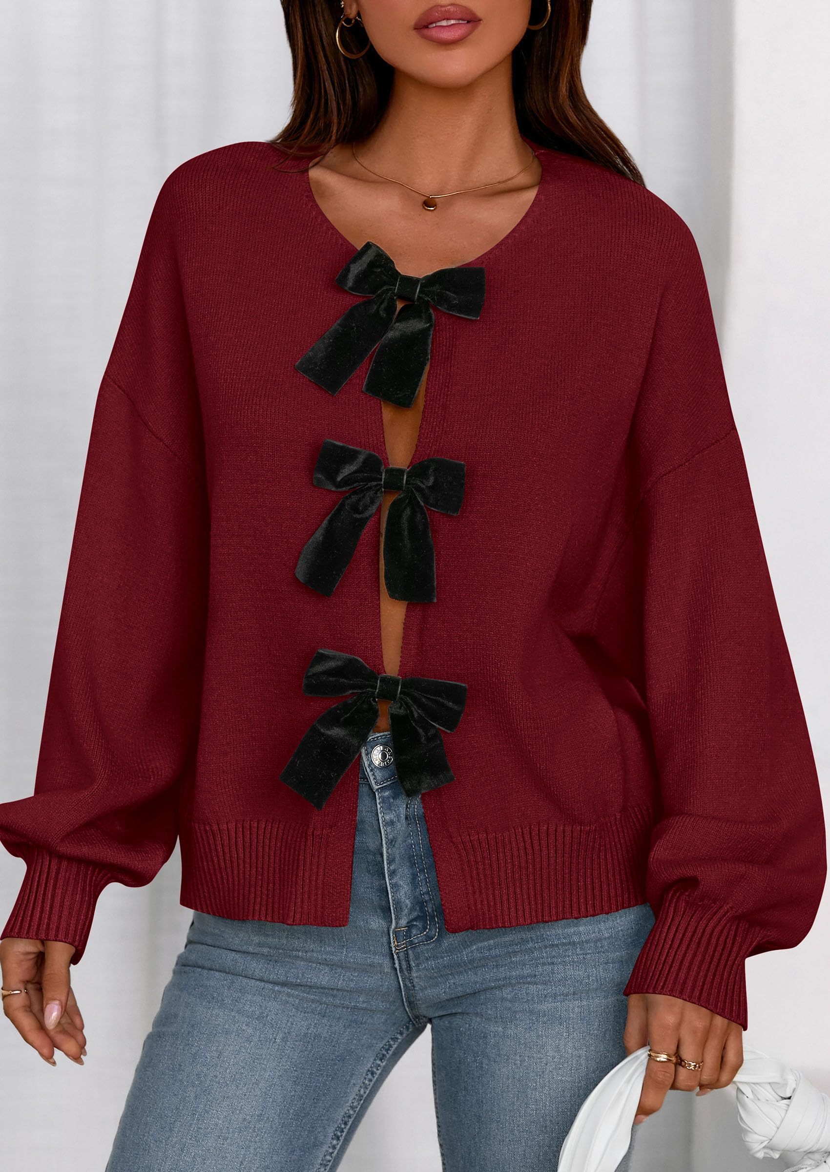 Women's Fall Bow Tie Front Cardigan Sweaters,Red,S