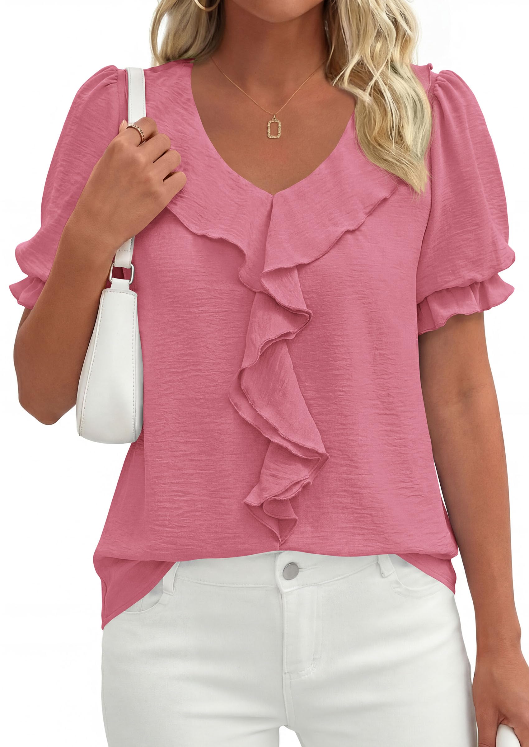 Women's Summer Ruffle Dressy Casual Blouses (Dark Pink,S)