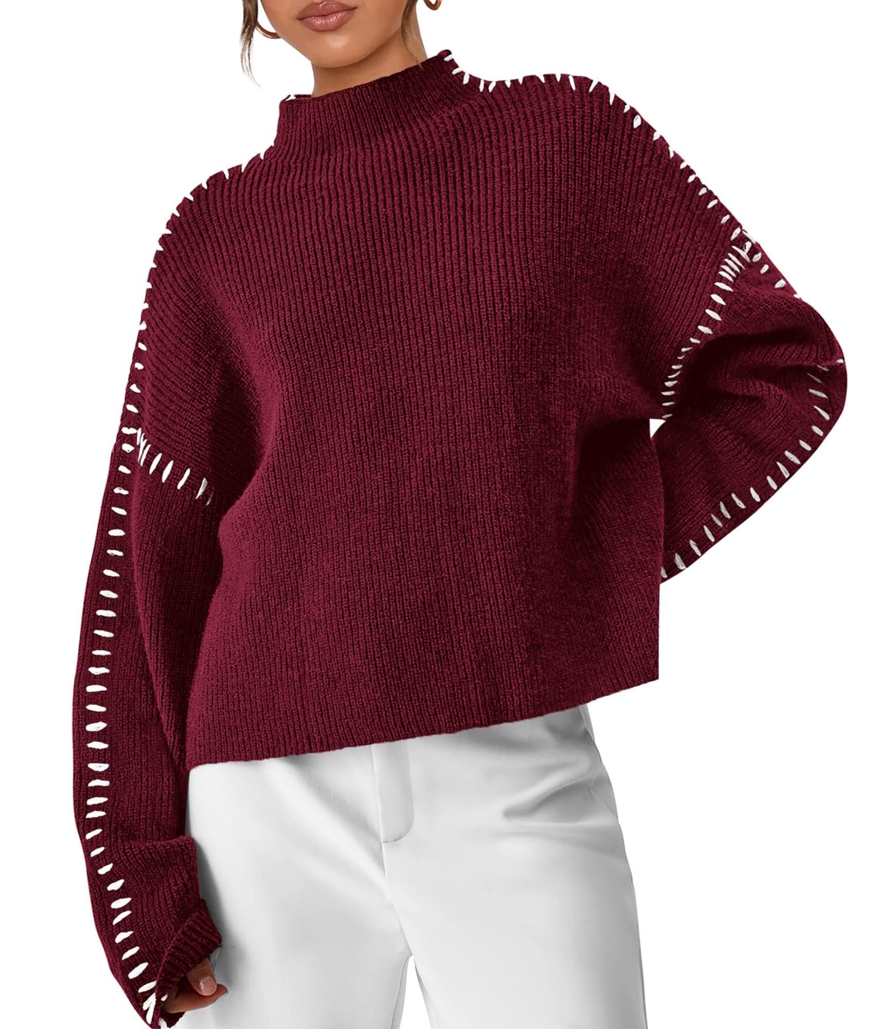 Womens Chunky Knit Oversized Pullover Sweaters,Wine Red,S