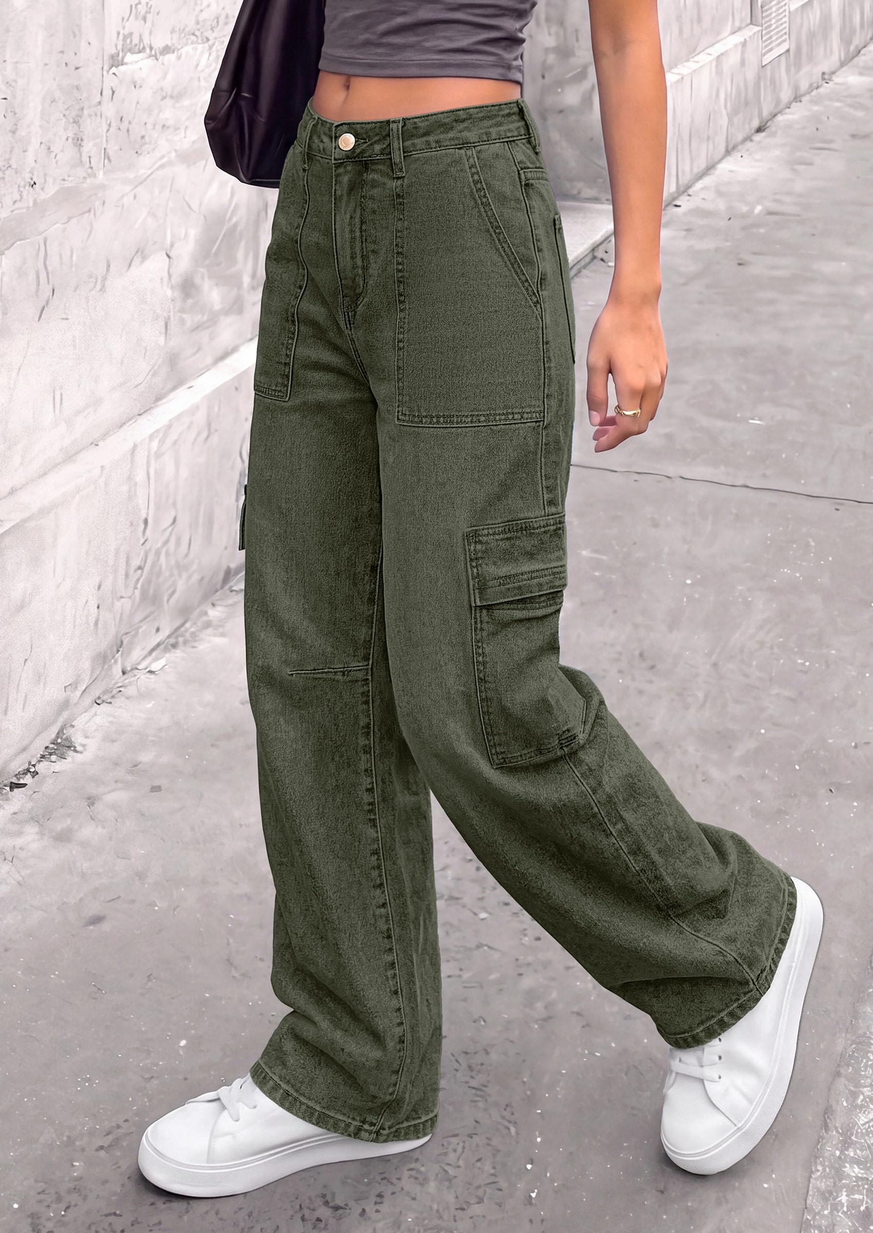 Barrel Pants Women Wide Leg Baggy Denim Jeans Army Green,4