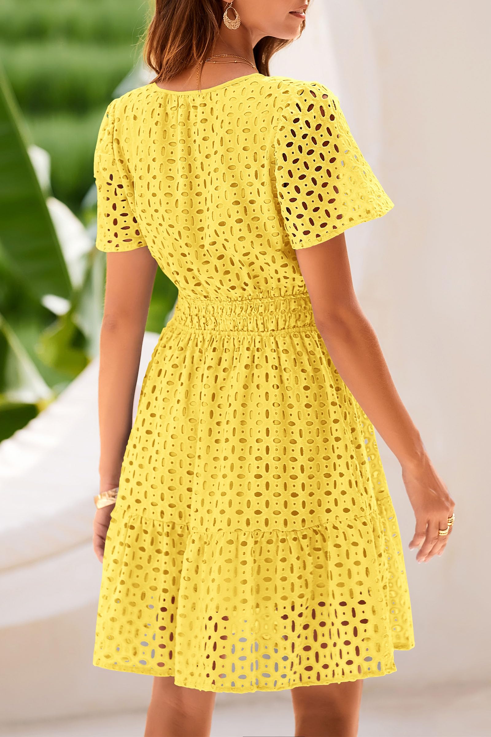 Womens 2025 Summer Short Dress V Neck Short Sleeve A Line Hollow Out Lace Ruffle Cute Casual Beach Party Dresses (Yellow,Small)