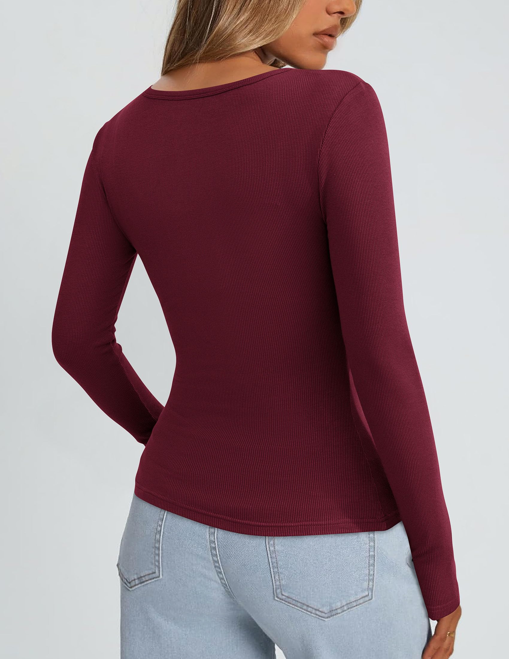 Square Neck Long Sleeve Shirts for Women Wine Red,L