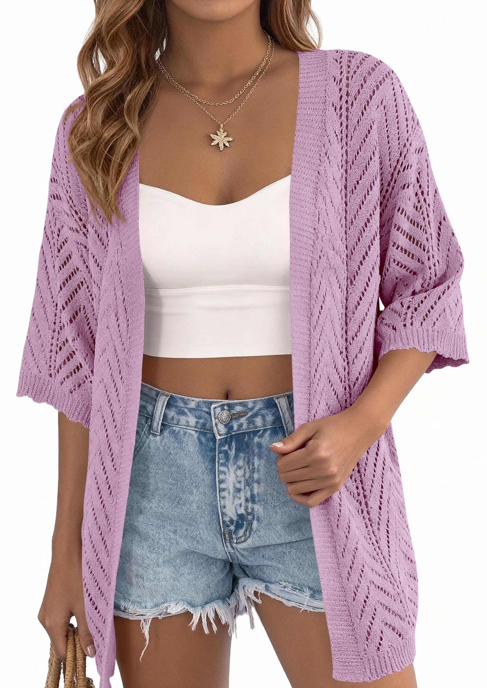 Women Lightweight Summer Short Sleeve Cardigan, Purple,S