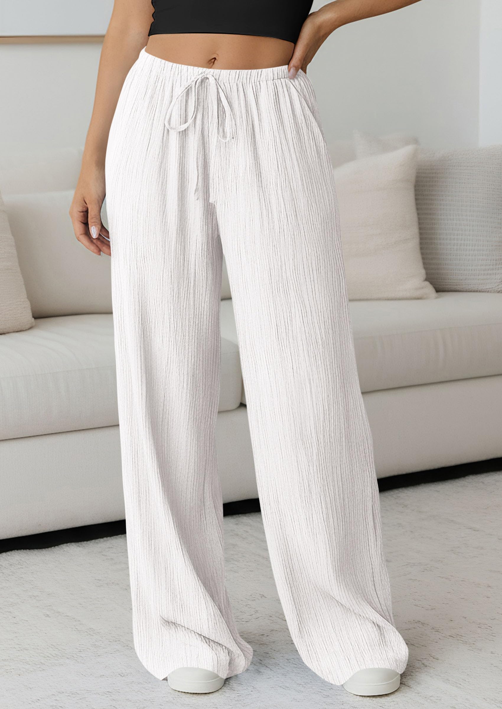 Women's Palazzo Pants Casual Wide Leg Trousers,White,S