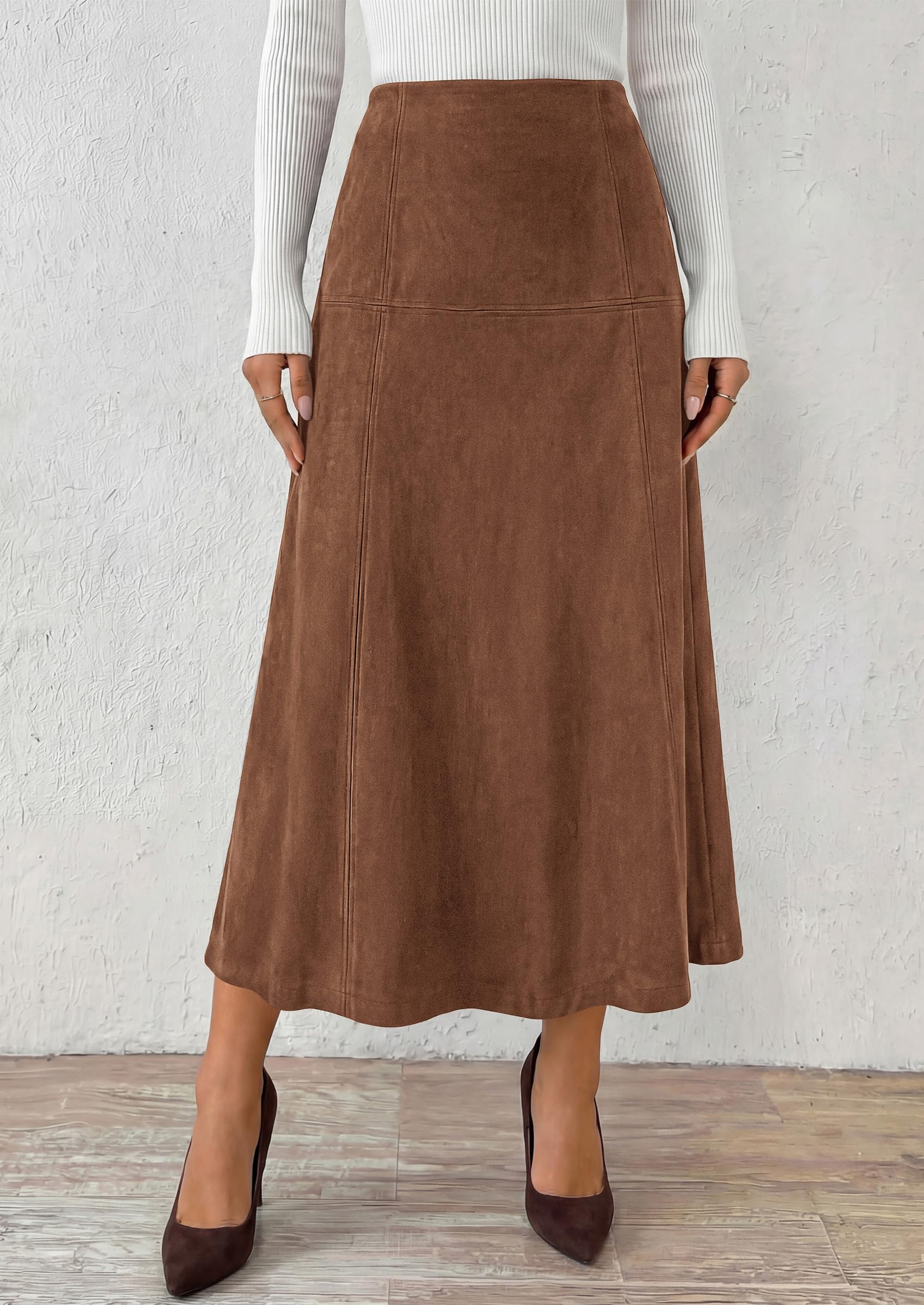 Womens High Waist Faux Suede A Line Midi Skirt,Brown,S