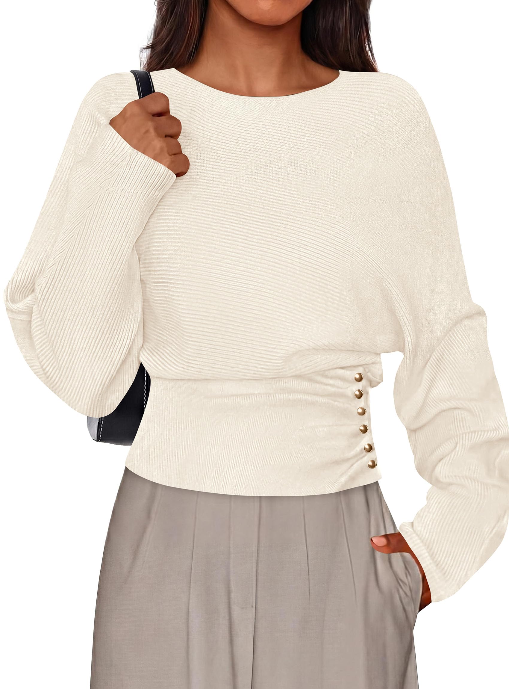 Batwing Sleeve Sweaters for Women Pullover Fall Clothes Beige